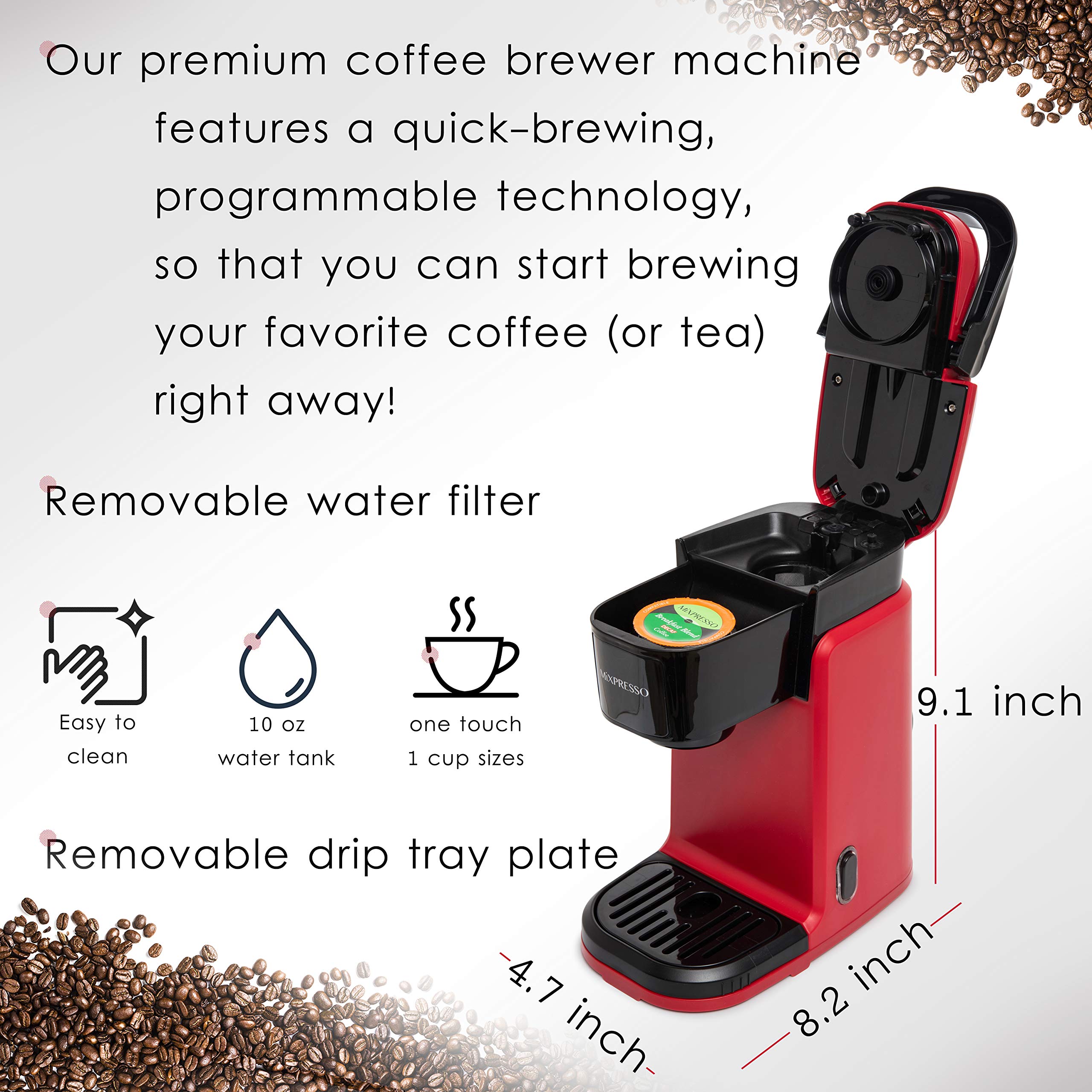 Mixpresso Single Serve Coffee Maker - 12oz Personal Coffee Brewer with Quick Brew Technology & One-Touch Function, Compatible with Single-Cup Pods - Perfect for Home, Office, or Travel Use