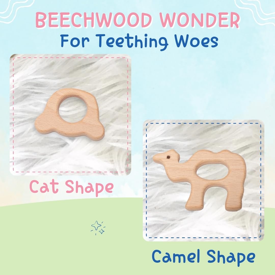 Natural Wooden Teething Toys for Babies - Pack of 2 (Camel & Cat) | Safe & Non-Toxic Beech Wood Teethers | Soothing Relief for Teething Infants | Perfect Baby Shower Gift & Nursery Essential