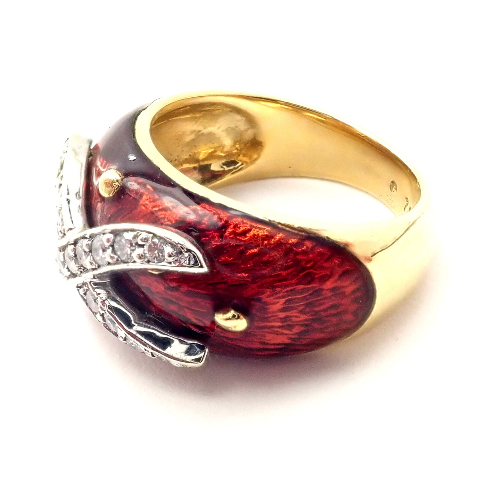 Authentic 18K Yellow Gold Red Enamel & Diamond Ring Size 5 - Elegant Hidalgo Jewelry for Weddings, Anniversaries & Special Occasions