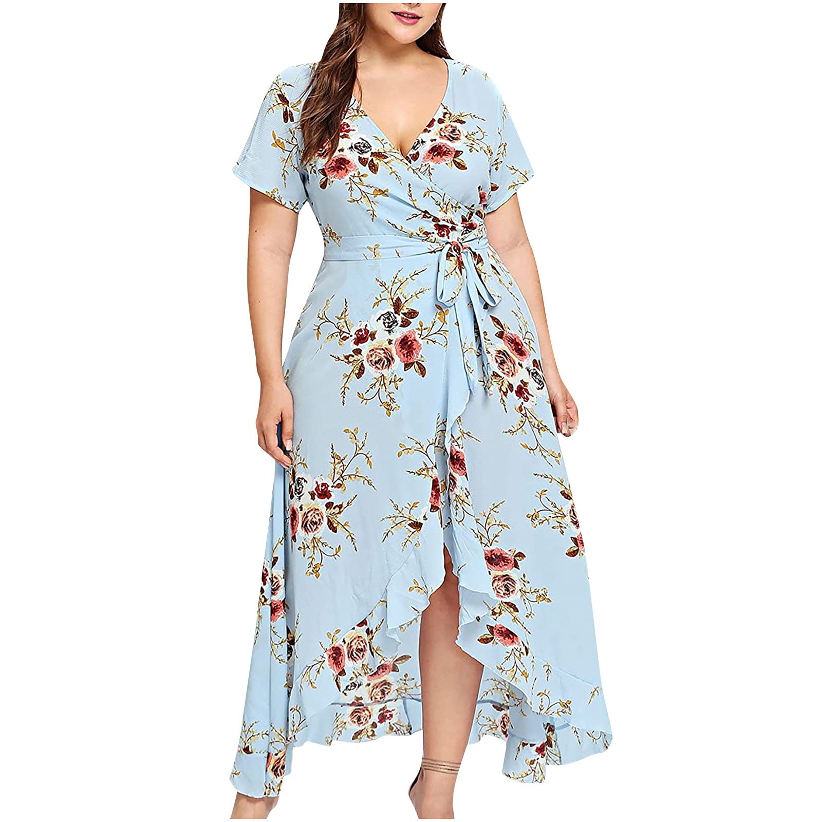 Women's Floral Maxi Dress Plus Size Long Bohemian Dress with High-Low Hem & Faux Wrap V-Neck - Perfect for Beach, Party & Summer Occasions