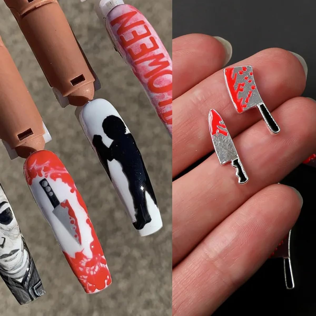 16Pcs 3D Metallic Silver Alloy Halloween Nail Charms - Knife-Shaped Nail Art Decorations with Rhinestones for Acrylic Nails, DIY Nail Accessories Jewelry - Perfect for Halloween Parties, Cosplay, and Gothic Nail Art Designs