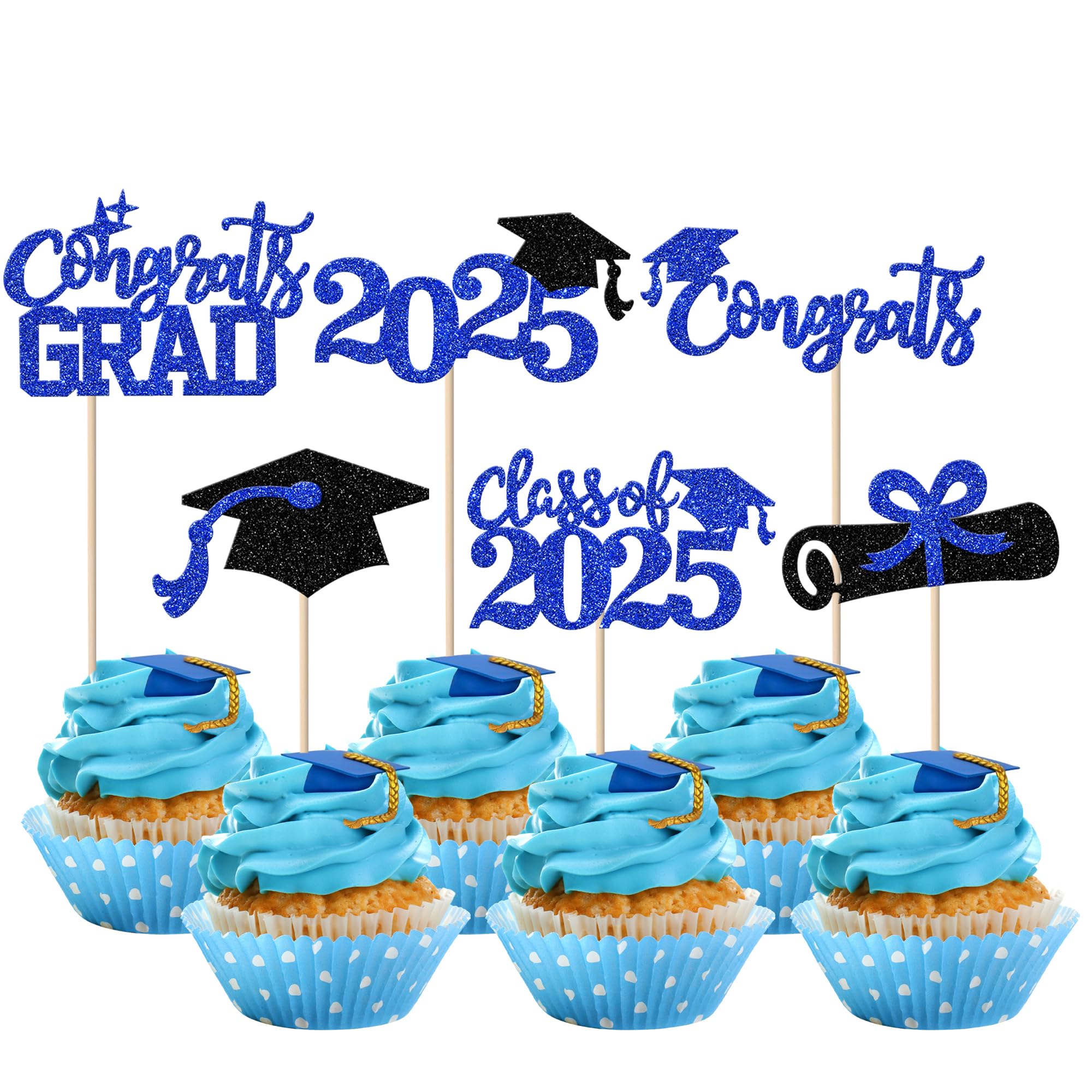 Rsstarxi 24 Pack Class of 2025 Graduation Cupcake Toppers - Glitter 2025 Grad Diploma Cap Cake Decorations for Graduation Party Supplies (Blue & Black) - Perfect for High School, College Graduation Celebrations & Cake Decorating
