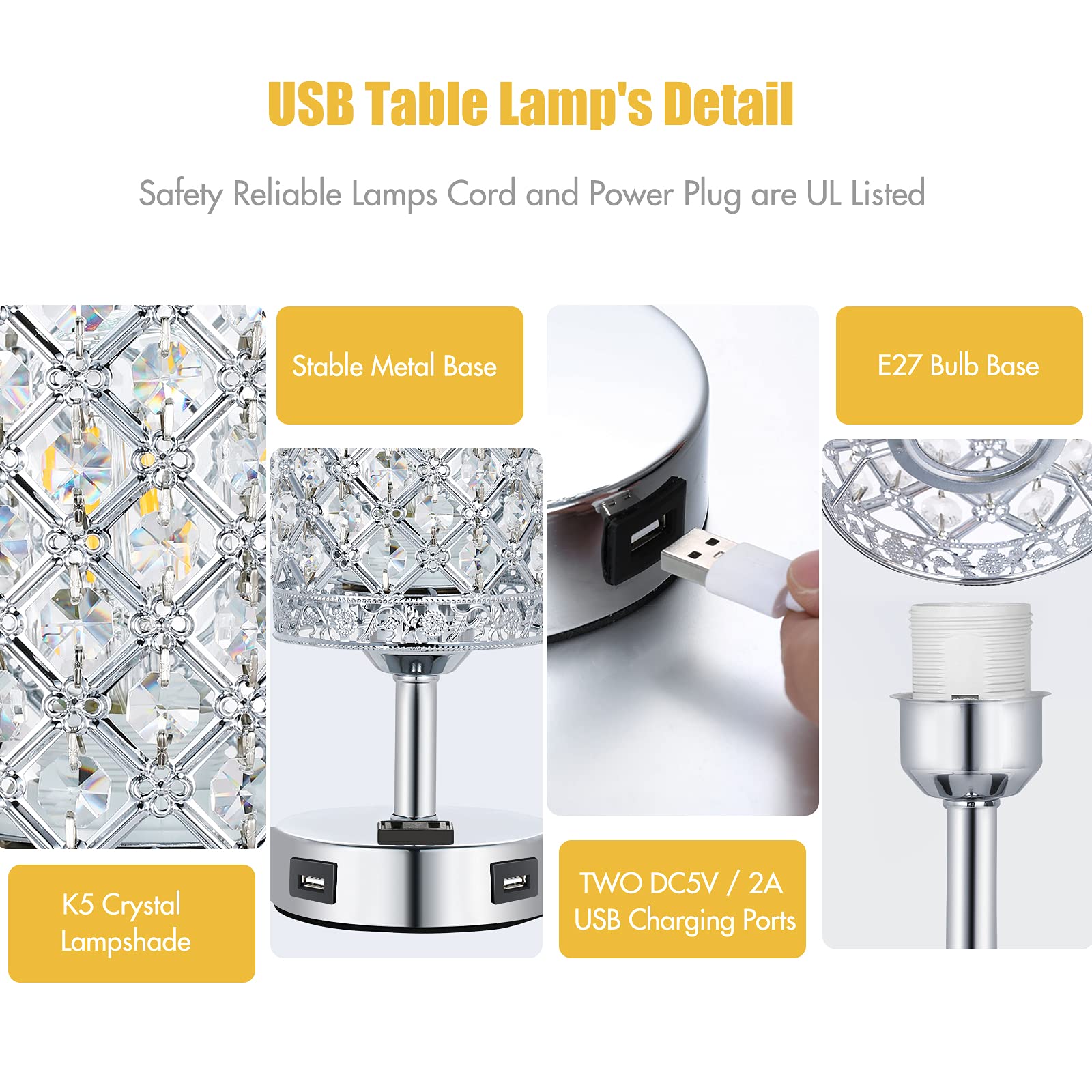 Touch Control Crystal Table Lamp Set of 2 - Modern USB Bedside Lamps with 3-Way Dimmable Lighting & 2 Charging Ports, K9 Glass Desk Lamp for Bedroom, Living Room, Office (Bulbs Included) | Perfect for Night Reading, Home Decor & Gift Giving