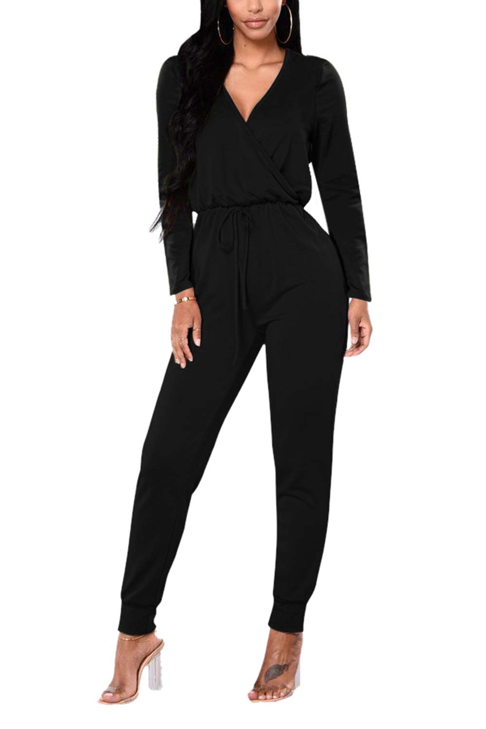 Selowin Women's V-Neck Jumpsuit with Button Front & Drawstring Waist - Casual Summer Romper for Beach, Travel & Everyday Wear