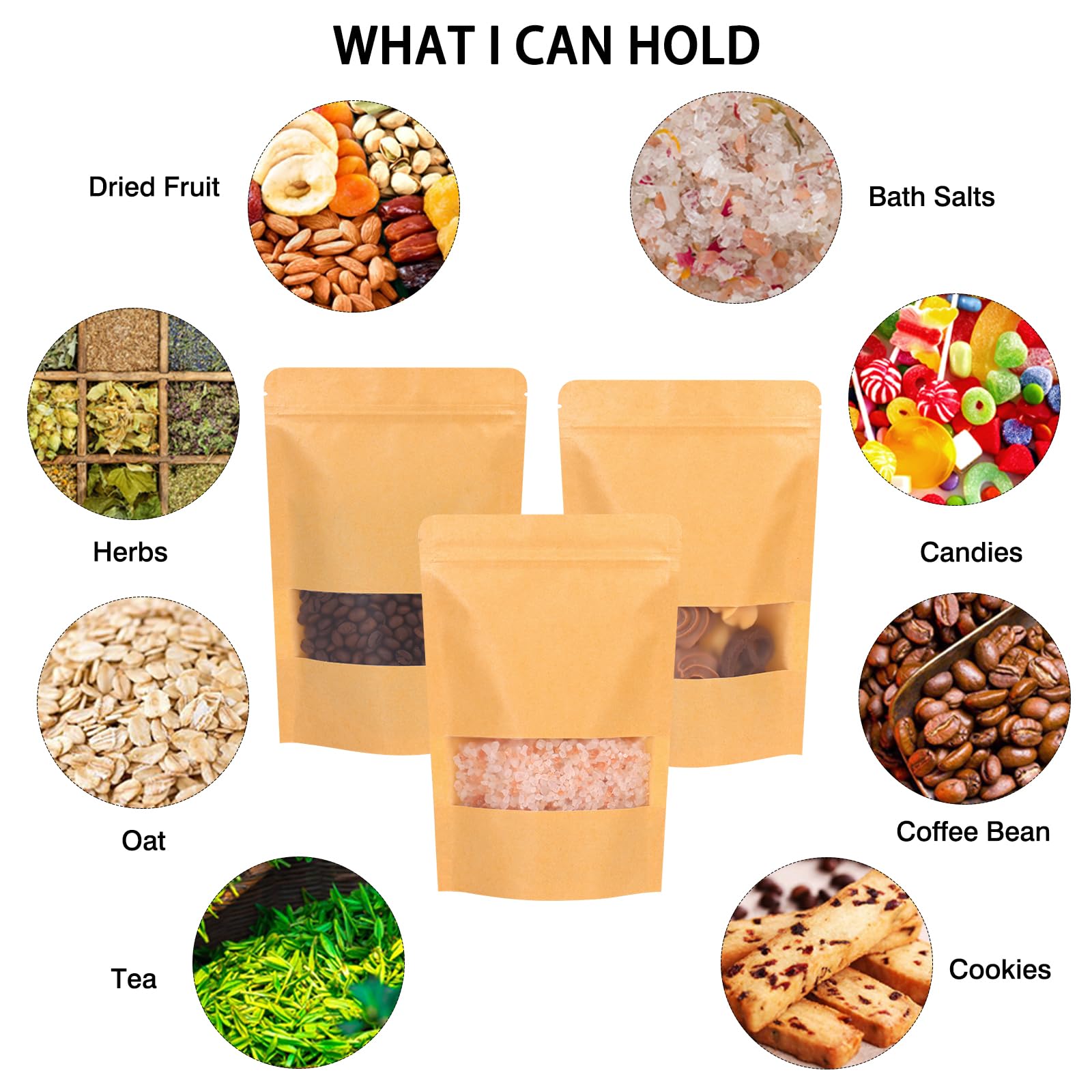 Moretoes 120pcs Resealable Kraft Bags with Window - 5.9×8.6 Inches Stand Up Mylar Bags for Coffee, Candy & Food Storage | Airtight Ziplock Packaging for Home, Business & Retail Use | Perfect for Organizing Snacks, Bulk Items & Small Products