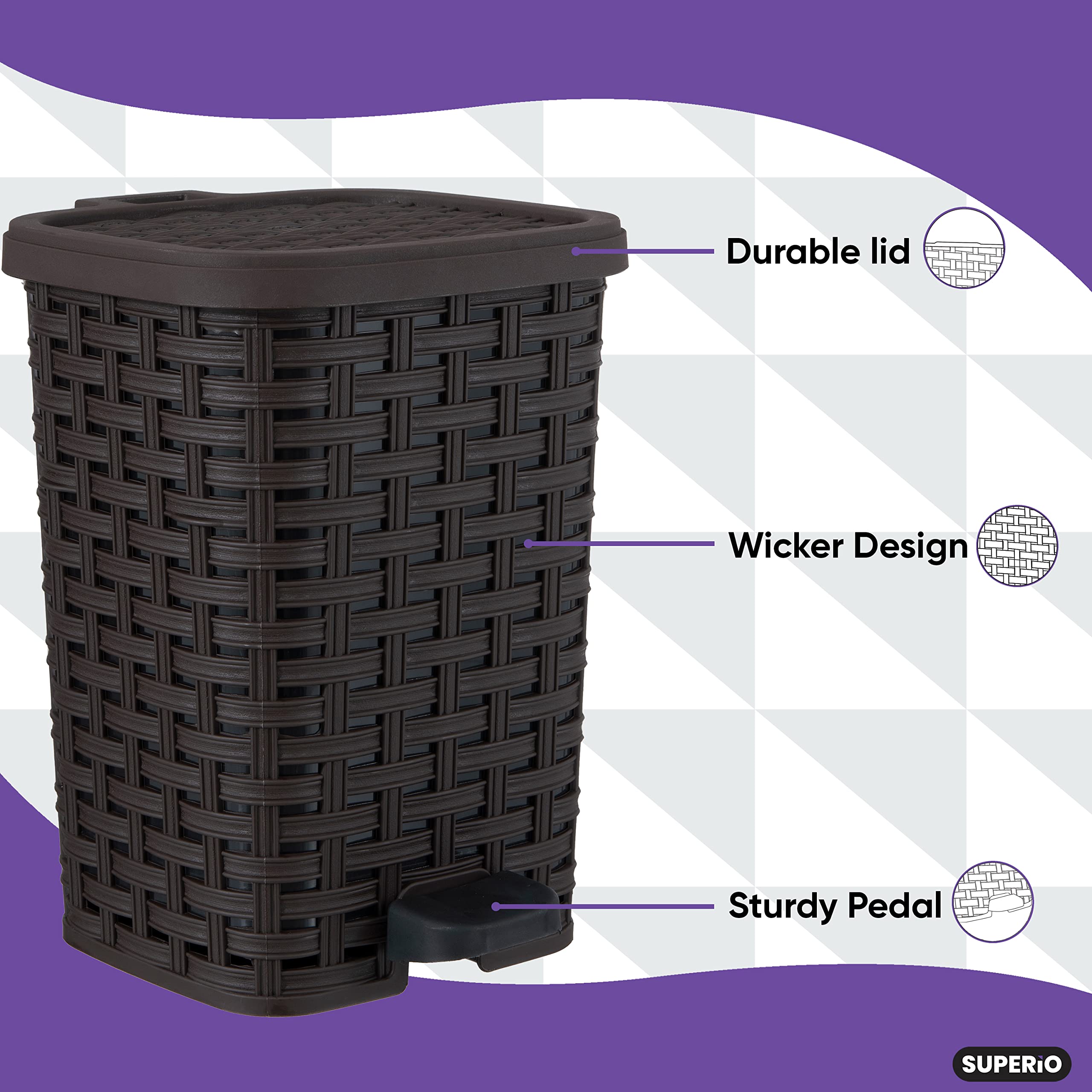 Premium Small Outdoor Trash Can with Lid - 1.5 Gallon/6L Dog Waste Bin - Foot Pedal Plastic Garbage Can for Bathroom, Bedroom, Office, Patio - Wicker Brown Design - Perfect for Pet Owners, Home & Office Organization
