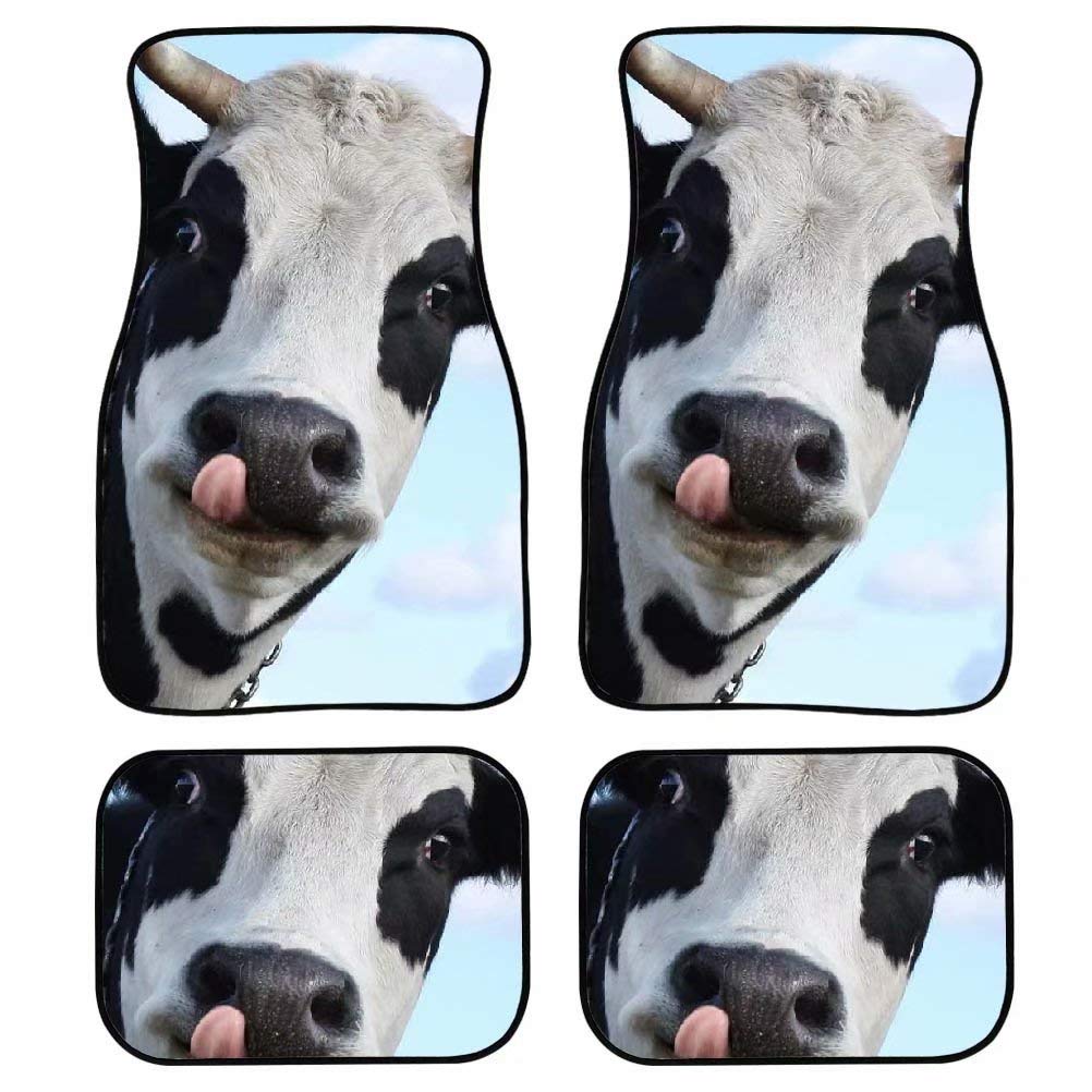 Dellukee Universal Fit Front & Rear Rubber Car Floor Mats - Waterproof, Non-Slip, Cow Print Design - Perfect for SUV, Van, Sedan, Truck (Set of 4) | All-Weather Protection & Easy Cleaning for Road Trips & Daily Commutes