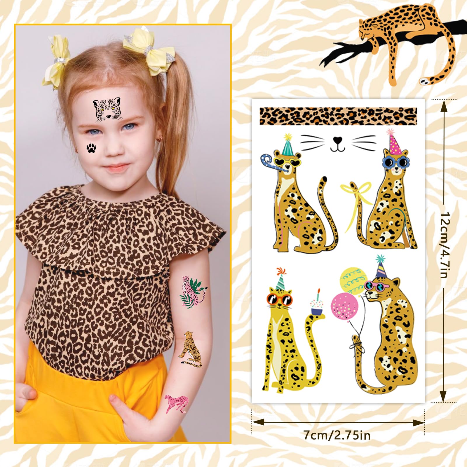 Konsait Cheetah Print Temporary Tattoos - 10 Sheets, Pink & Yellow Animal Print Stickers for Cheetah Birthday Party Decorations, Kids Party Favors, Wild Safari Theme Events & Costume Accessories