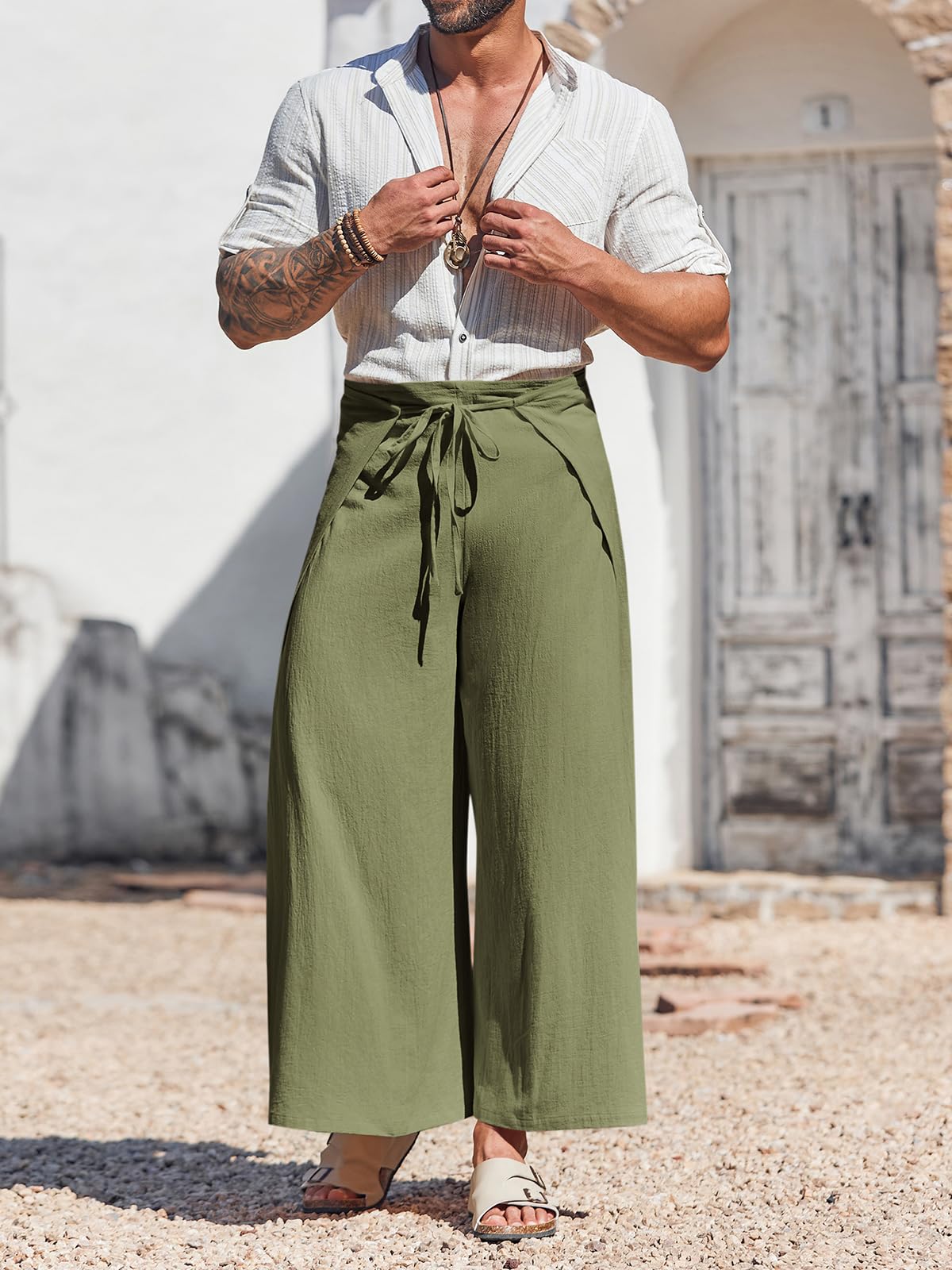 Runcati Men's Linen Wrap Pants - Lightweight Loose Fit Yoga Beach Pants for Men, Breathable Hippie Style Fisherman Pants - Perfect for Yoga, Meditation, Beach Vacation & Boho Fashion