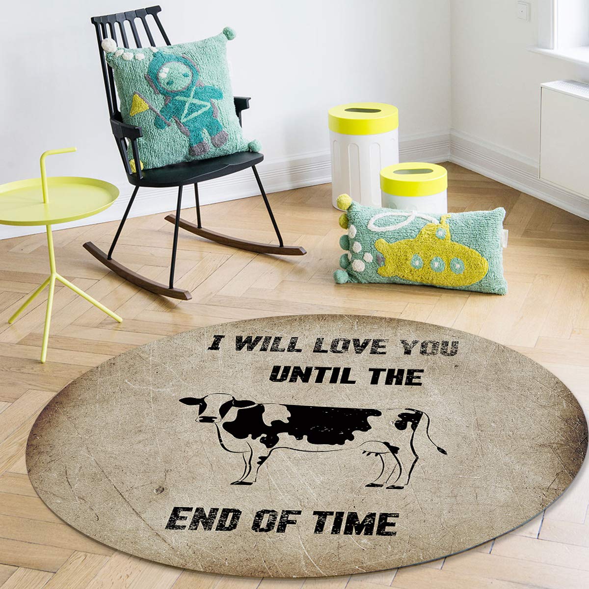 Large Round Area Rug for Bedroom & Living Room - Vintage Cow Print Non-Slip Washable Carpet 4ft, Soft Floor Mat for Kids Room & Nursery | Perfect for Farmhouse Decor, Cozy Home & Pet-Friendly Spaces