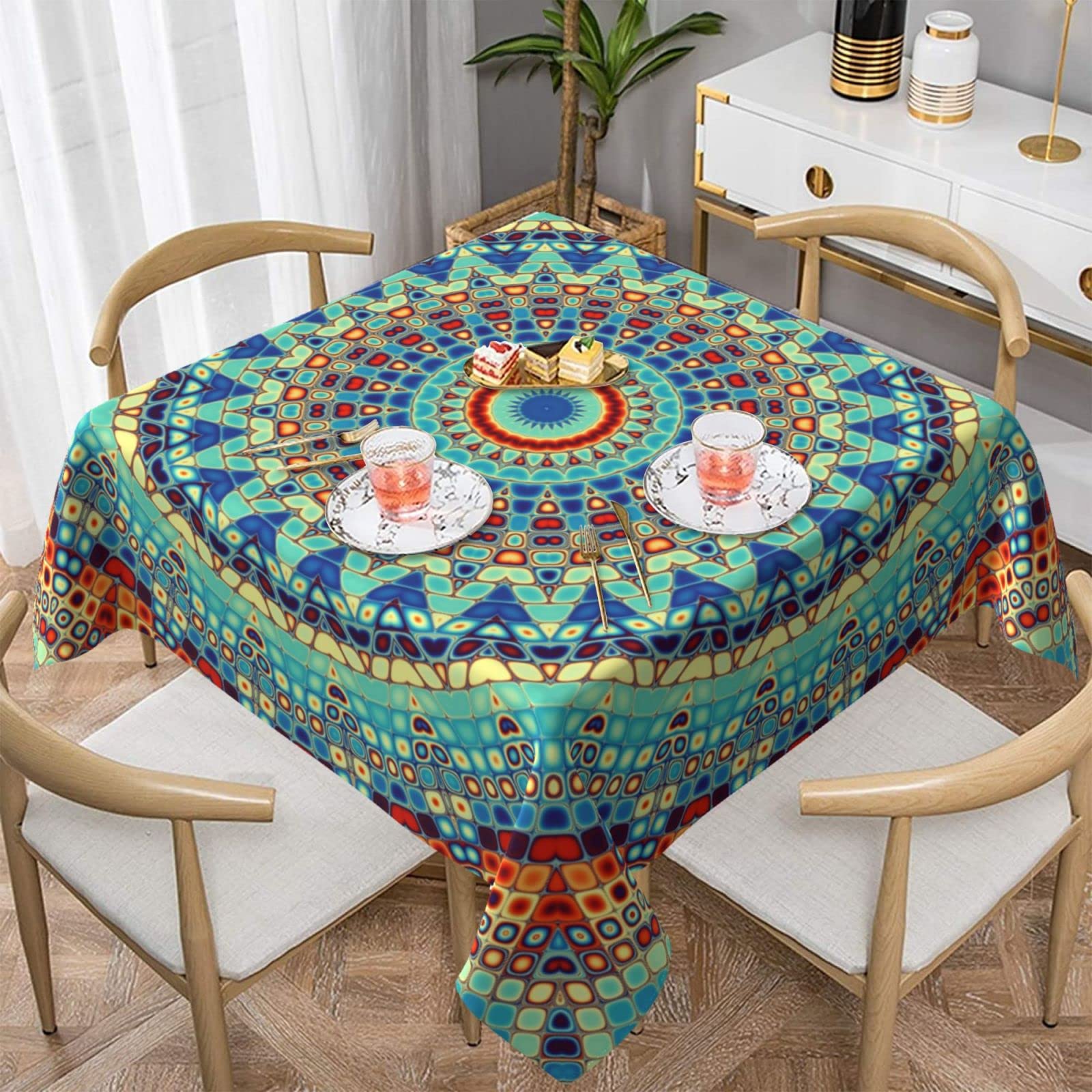 Kawani Mandala Square Tablecloth 54x54 Inch Waterproof Vinyl Bohemian Table Cover for Parties, Weddings, Picnics & Home Decor - Perfect for Spring Celebrations, Holiday Gatherings and Outdoor Dining