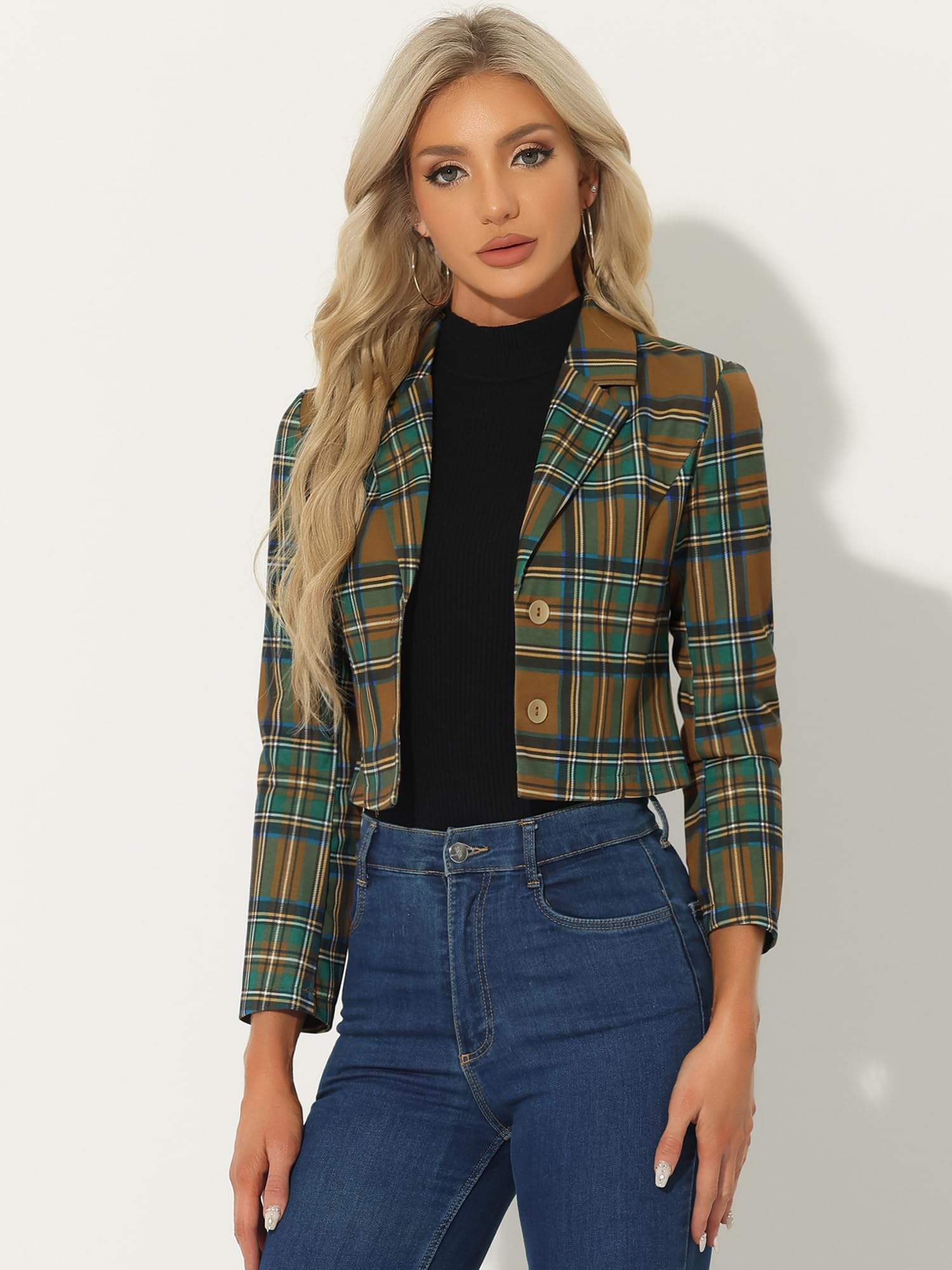 Allegra K Women's Notched Lapel Stretch Plaid Tartan Crop Blazer Jacket - Office Wear, Business Casual, Preppy Style Outfit for Work & Professional Events