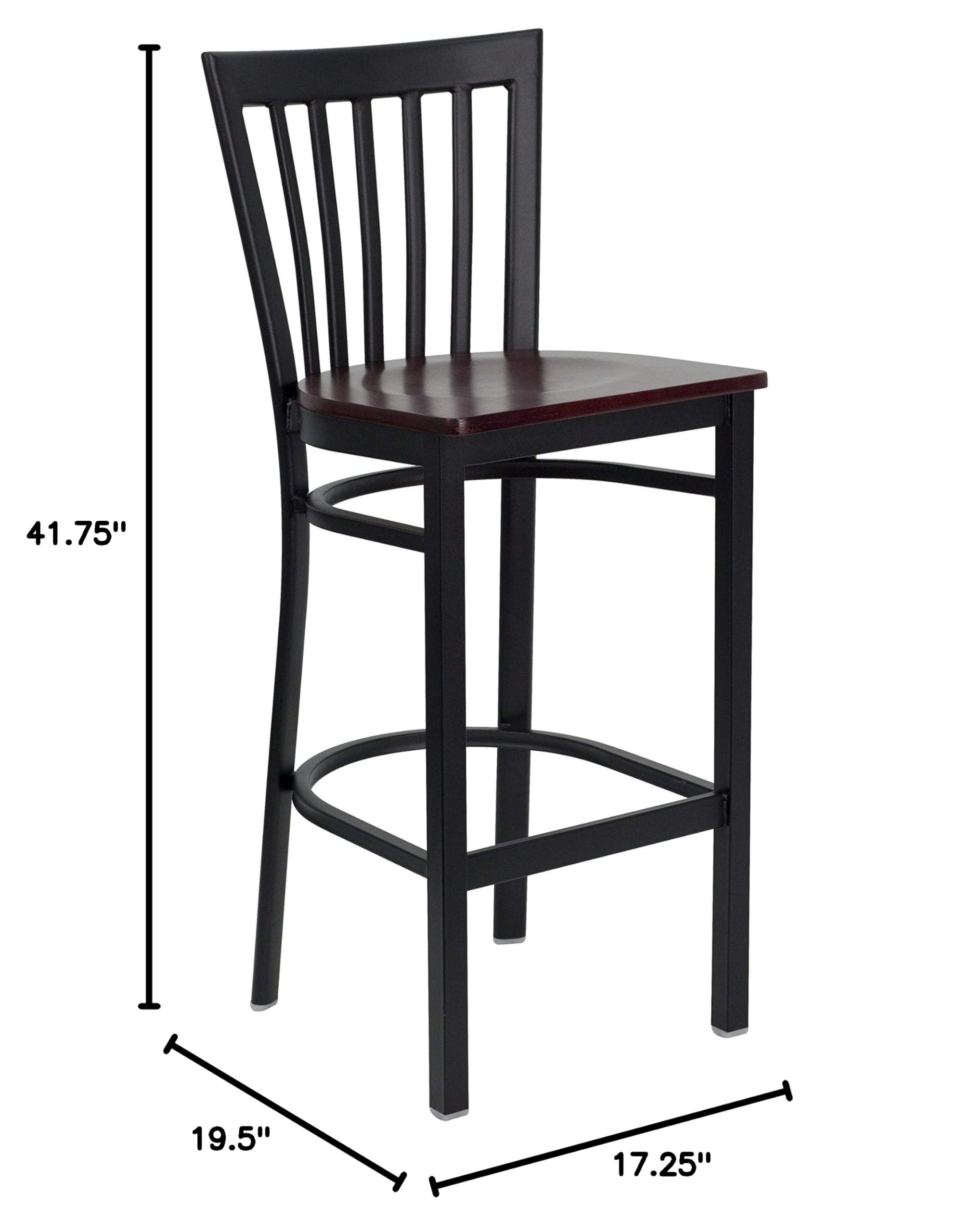 2 Pack Black Metal Bar Stools with Mahogany Wood Seat - Vintage Schoolhouse Style for Restaurant, Cafe & Home Bar Counter - Perfect for Dining, Kitchen Island & Breakfast Nook