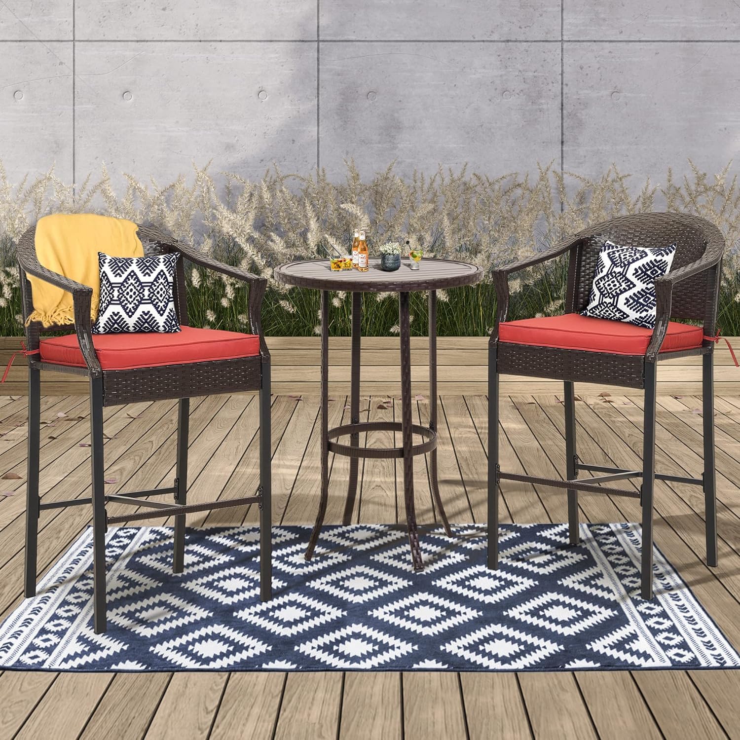 3-Piece Patio Bar Set with Rattan Bar Height Table & Chairs - Wicker Outdoor Furniture for Backyard, Poolside, Balcony - Includes Barstools & Red Cushions - Perfect for Outdoor Entertaining, Lounging & Relaxation