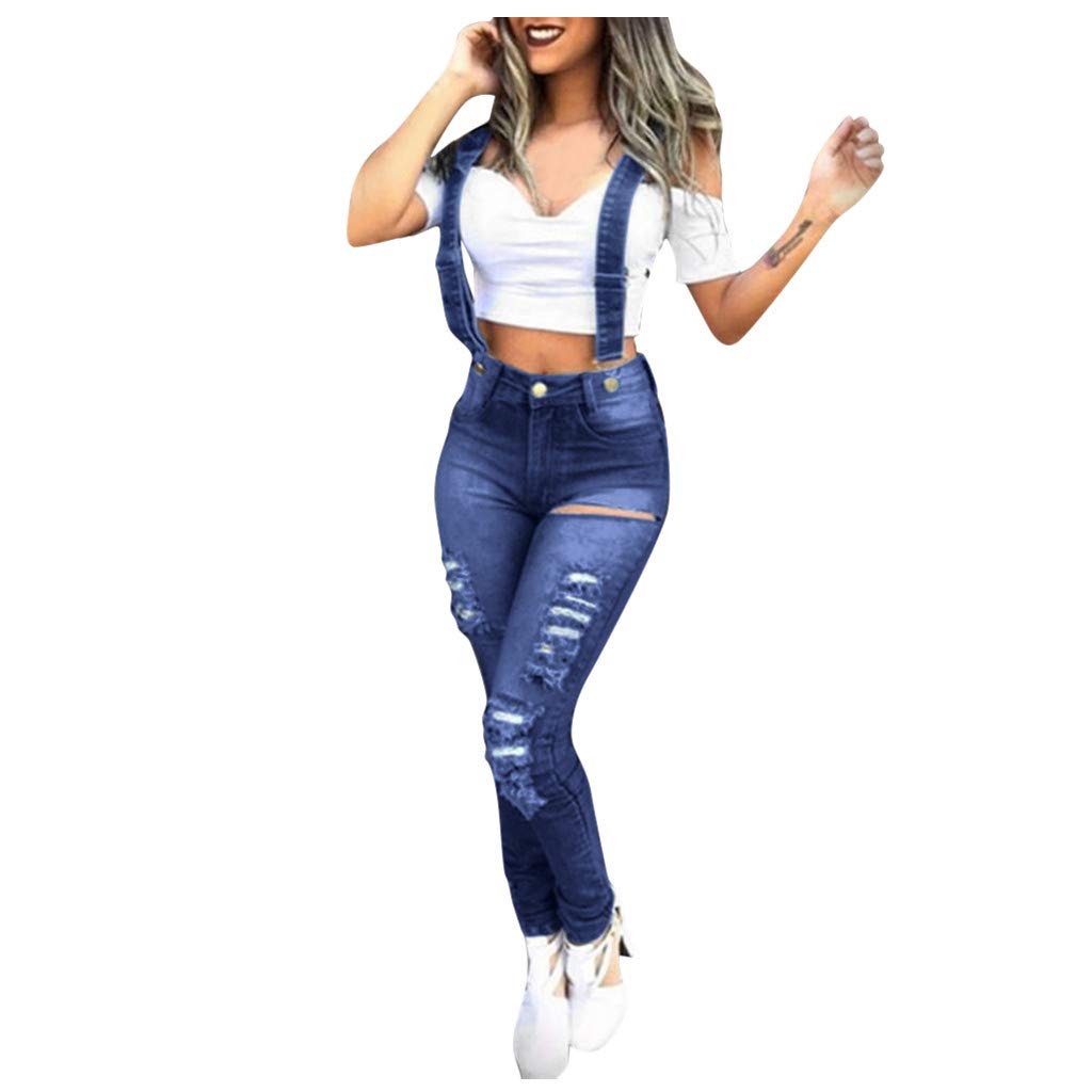 Women's High Waisted Skinny Jeans Overalls - Stretchy Slim Fit Distressed Washed Denim Jumpsuit for Casual Wear & Street Fashion