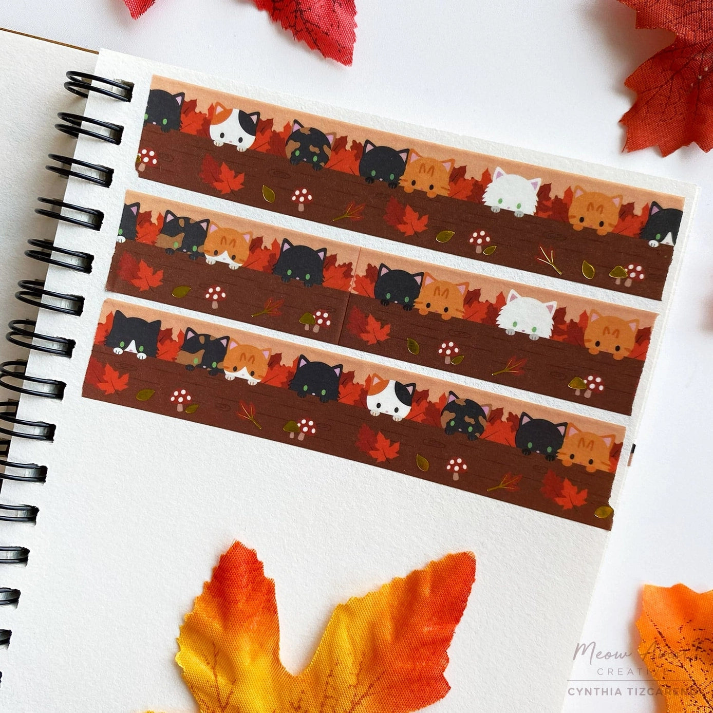 Autumn Woodland Cats Gold Foil Washi Tape - Decorative Japanese Paper Tape for Scrapbooking, Journaling, DIY Crafts, Gift Wrapping & Planner Decor