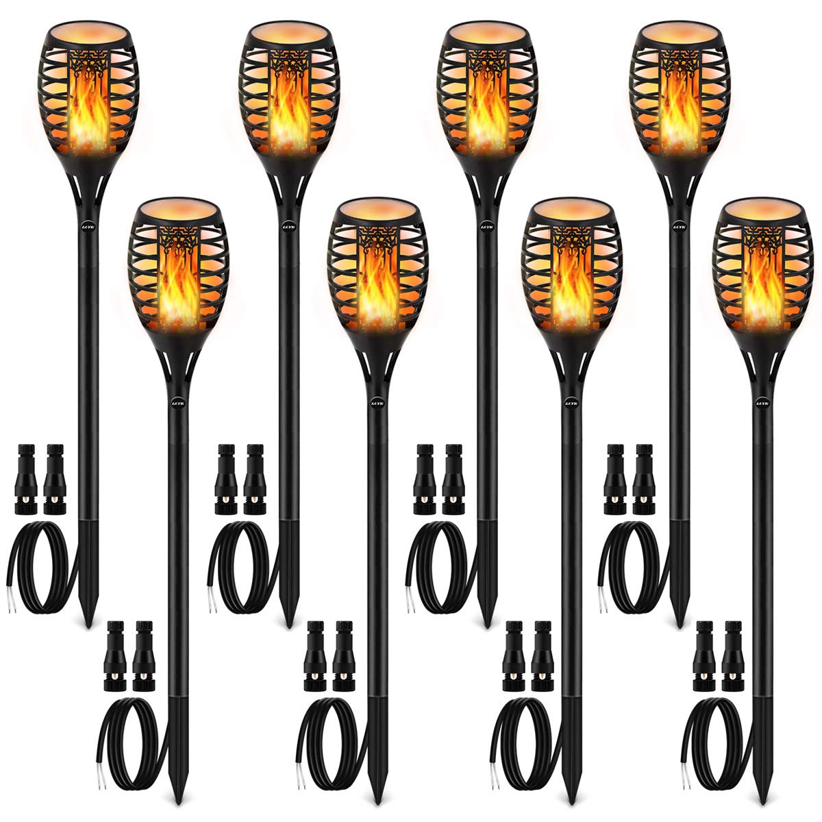 12V Low Voltage Outdoor Torch Landscape Lights - Waterproof Wired Flickering Flame Pathway Lighting with Connector (8 Pack) - Perfect for Christmas Yard Decor, Garden Pathways, Patio Ambience, and Backyard Parties