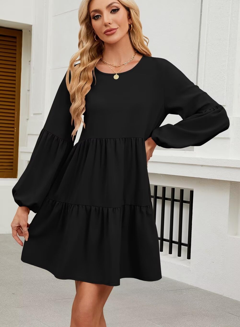 QACOHU Women's Summer Babydoll Dress 2025 - Spring Crew Neck Long Sleeve Flowy Swing Tunic Mini Dress | Casual Wear, Beach Outfit, Party Dress, Date Night & Vacation Style