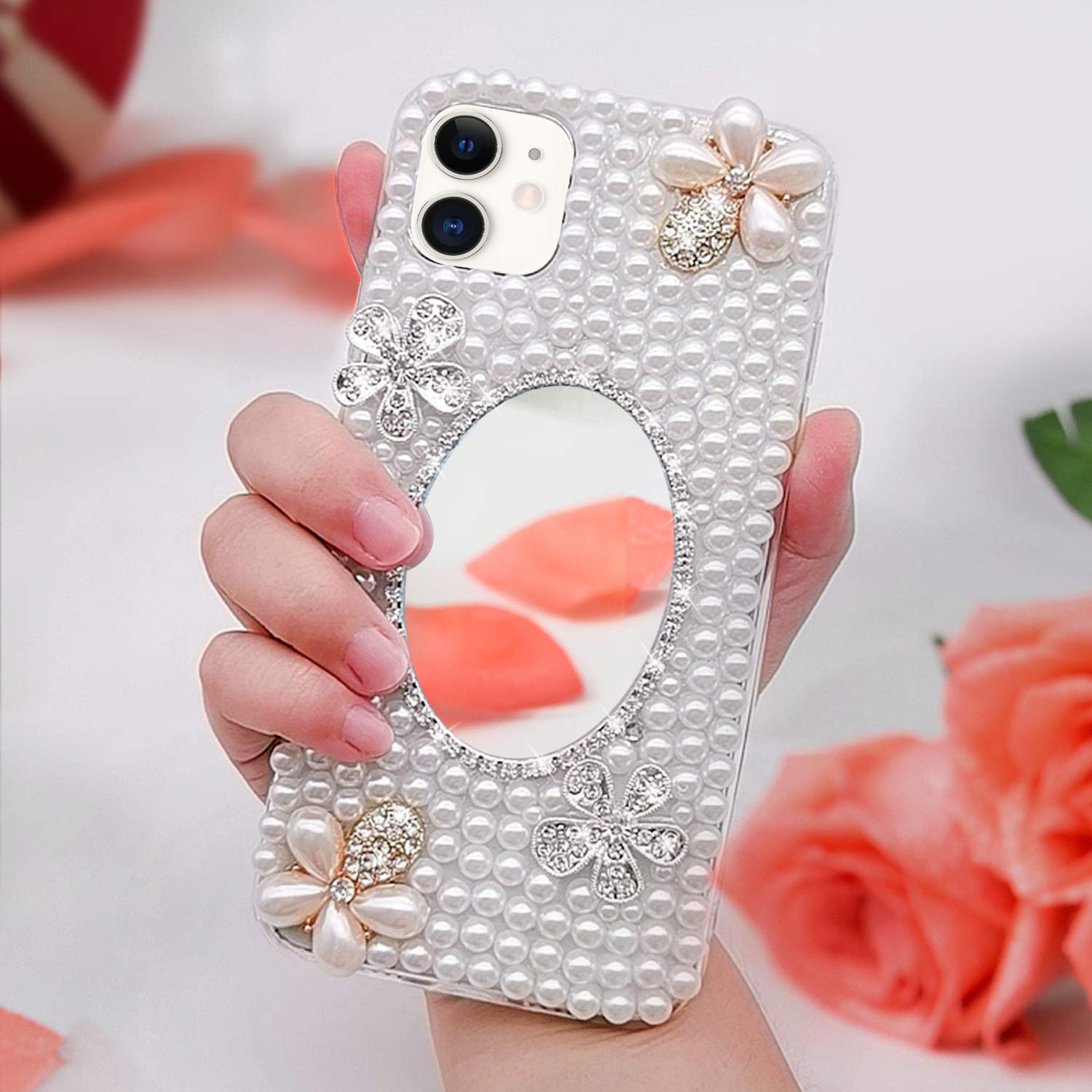 Sparkly Rhinestone Flower iPhone 12 Case for Women - Luxury Glitter Pearl Crystal Clear TPU Protective Phone Cover with Mirror Makeup Case | Perfect for Parties, Weddings & Everyday Glam Style