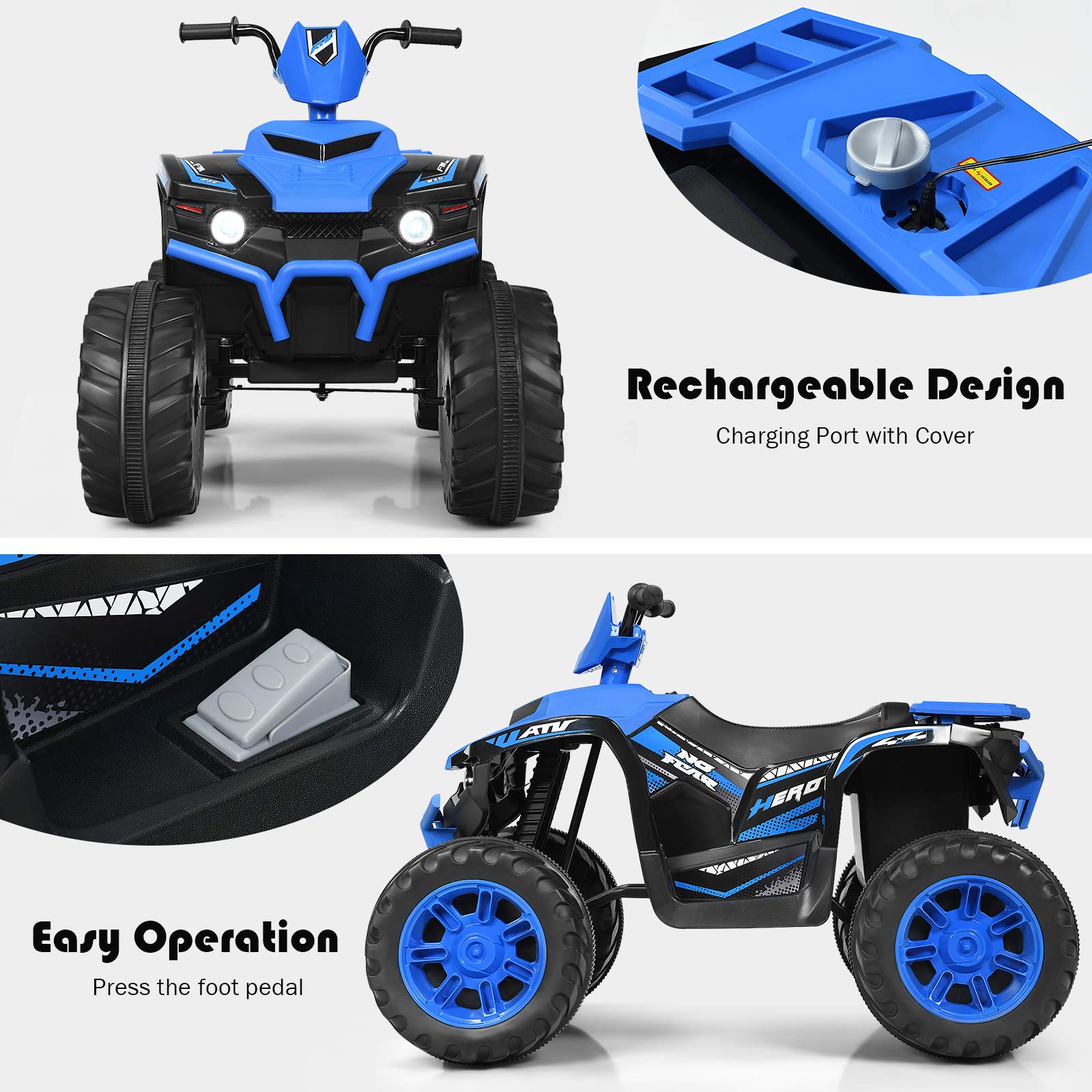 HONEY JOY 12V Kids Electric Ride On ATV Quad - 4-Wheeler Battery Powered Toddler Toy with 2 Speeds, LED Headlights, Slow Start, Horn & Music - Blue Off-Road Vehicle for Boys & Girls - Perfect for Indoor Playrooms & Outdoor Backyard Adventures