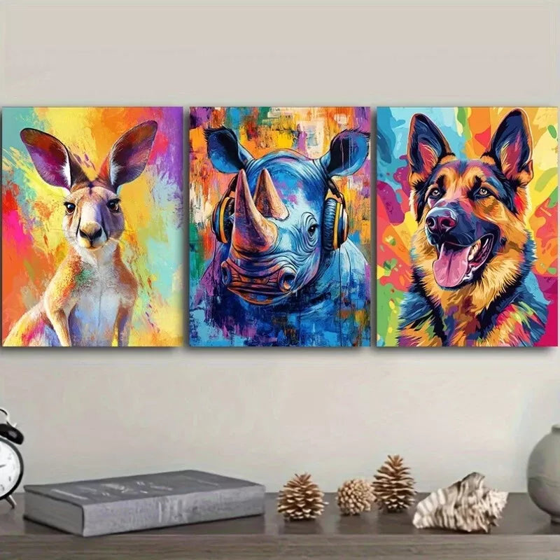 3-Piece Animal Wall Art Set - Colorful Background Canvas Framed 40x60cm - High Quality Print - 100% Australian Made - Ready to Hang - Perfect for Living Room, Bedroom & Nursery Decor