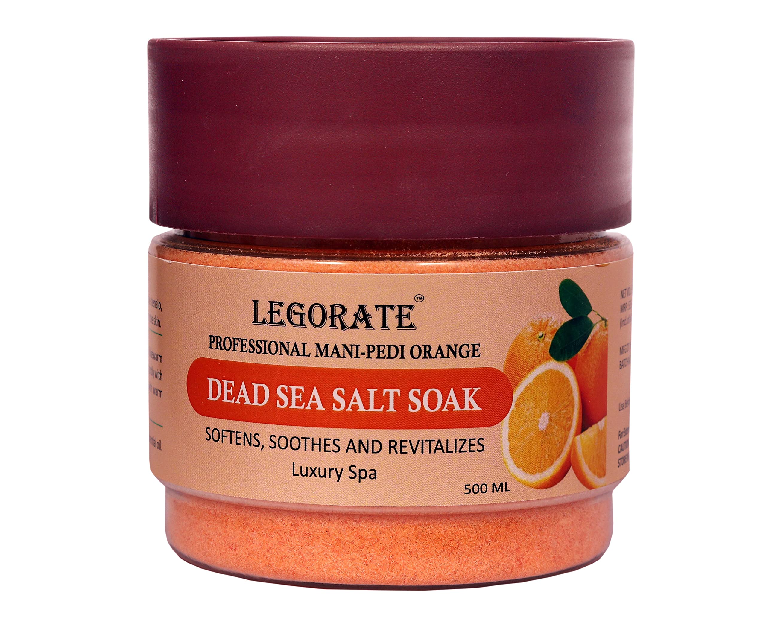 Legorate Professional Orange Dead Sea Salt Soak for Pedicure & Manicure - 500ml Relaxing Foot & Hand Spa Treatment for Soft, Refreshed Skin | Perfect for At-Home Nail Care & Self-Care Routine