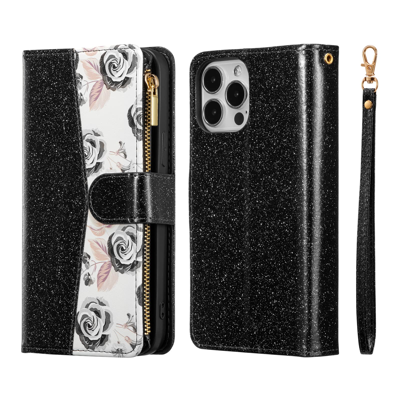 UEEBAI iPhone 13 Pro Max Wallet Case - PU Leather Magnetic Closure with Card Slots, Zipper Pocket, Kickstand & Hand Strap | Stylish Bling Black Flip Cover for Women | Perfect for Shopping, Travel & Everyday Use