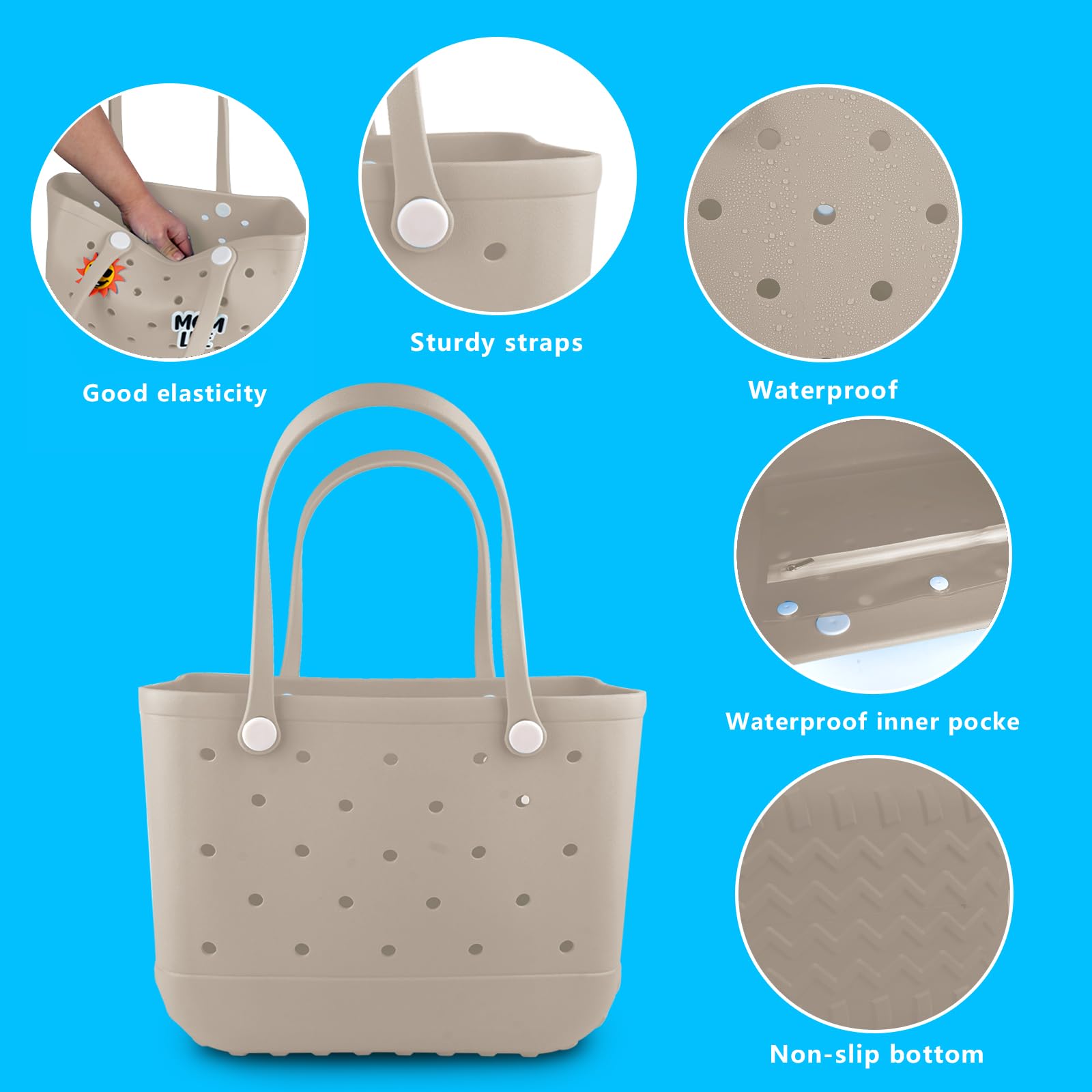 Waterproof Rubber Beach Tote Bag with Zipper Pocket & Phone Pouch - Durable Washable Open Purse for Women - Perfect for Pool, Boat, Beach Vacation & Summer Travel Accessories