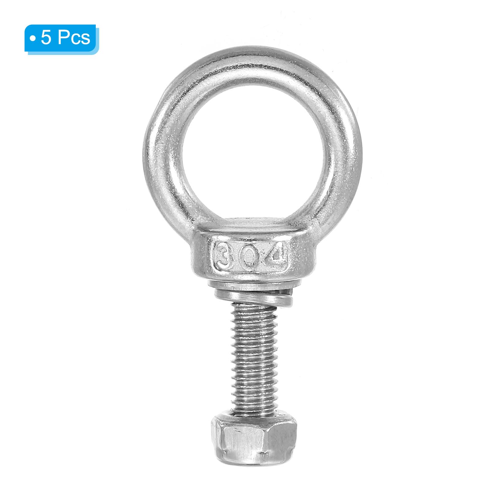 PATIKIL 5Pcs M6 x 20mm 304 Stainless Steel Lifting Shoulder Eye Bolt with Nuts & Washers - Heavy Duty Threaded Eyebolt for Hanging Hammocks, Outdoor Gear, Marine Equipment & Industrial Use