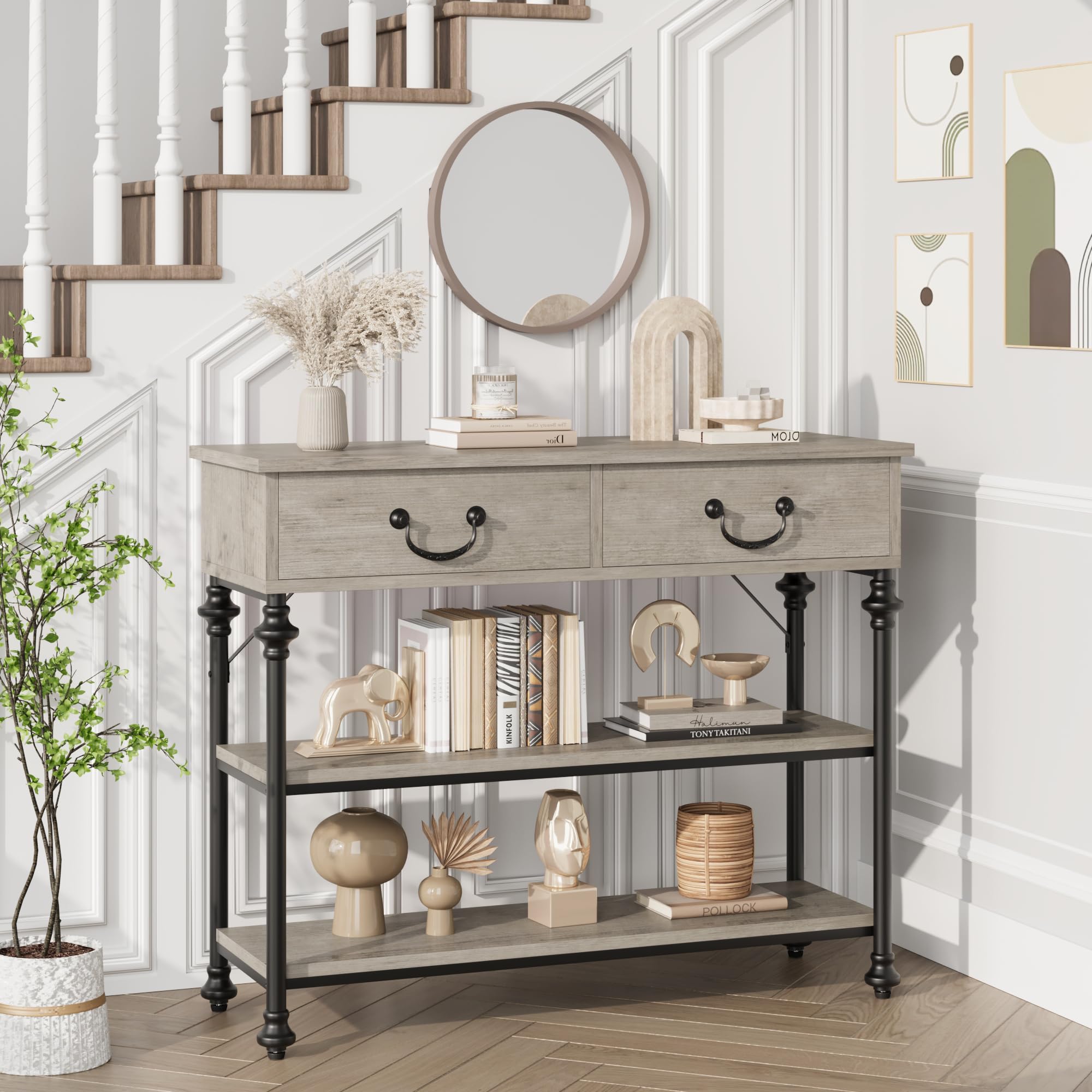 IDEALHOUSE Rustic Grey Small Entryway Table with 2 Drawers & Storage Shelves - Narrow Console Table for Living Room, Hallway, Sofa | Perfect for Home Entry Organization & Decorative Display
