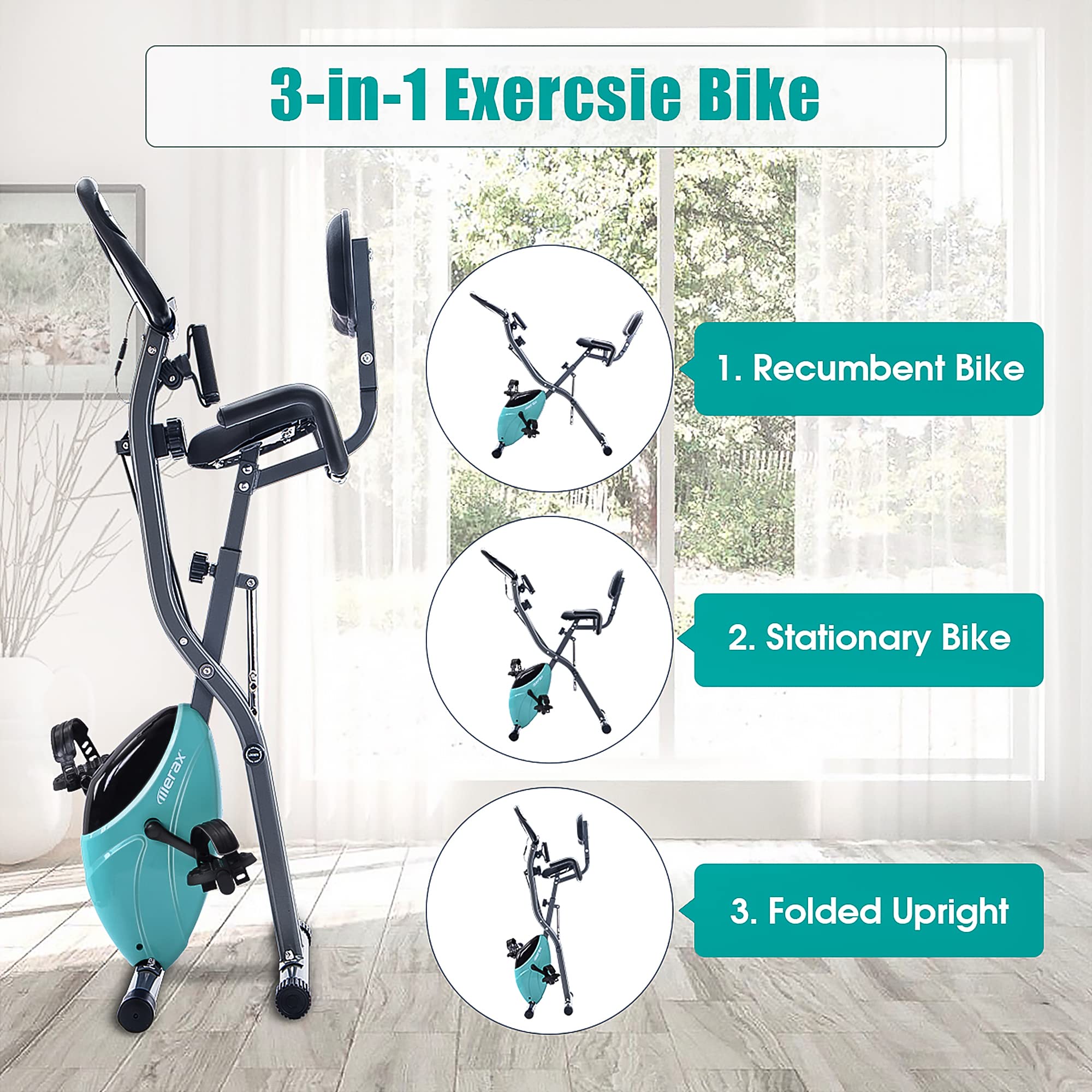Merax 2-in-1 Recumbent & Upright Exercise Bike - 16-Level Magnetic Resistance Foldable Stationary Bike for Home Workouts | Indoor Cycling Machine for Cardio Training & Fitness
