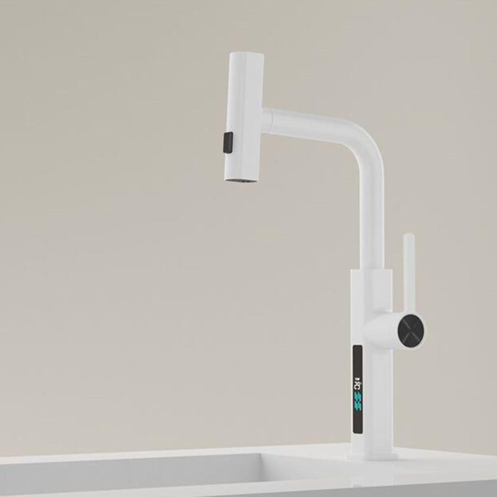 Brass Pull-Out Spray Bathroom Sink Faucet - White Modern Basin Mixer Tap with Adjustable Water Flow for Bathroom Vanity, Kitchen, and Utility Sink Installation
