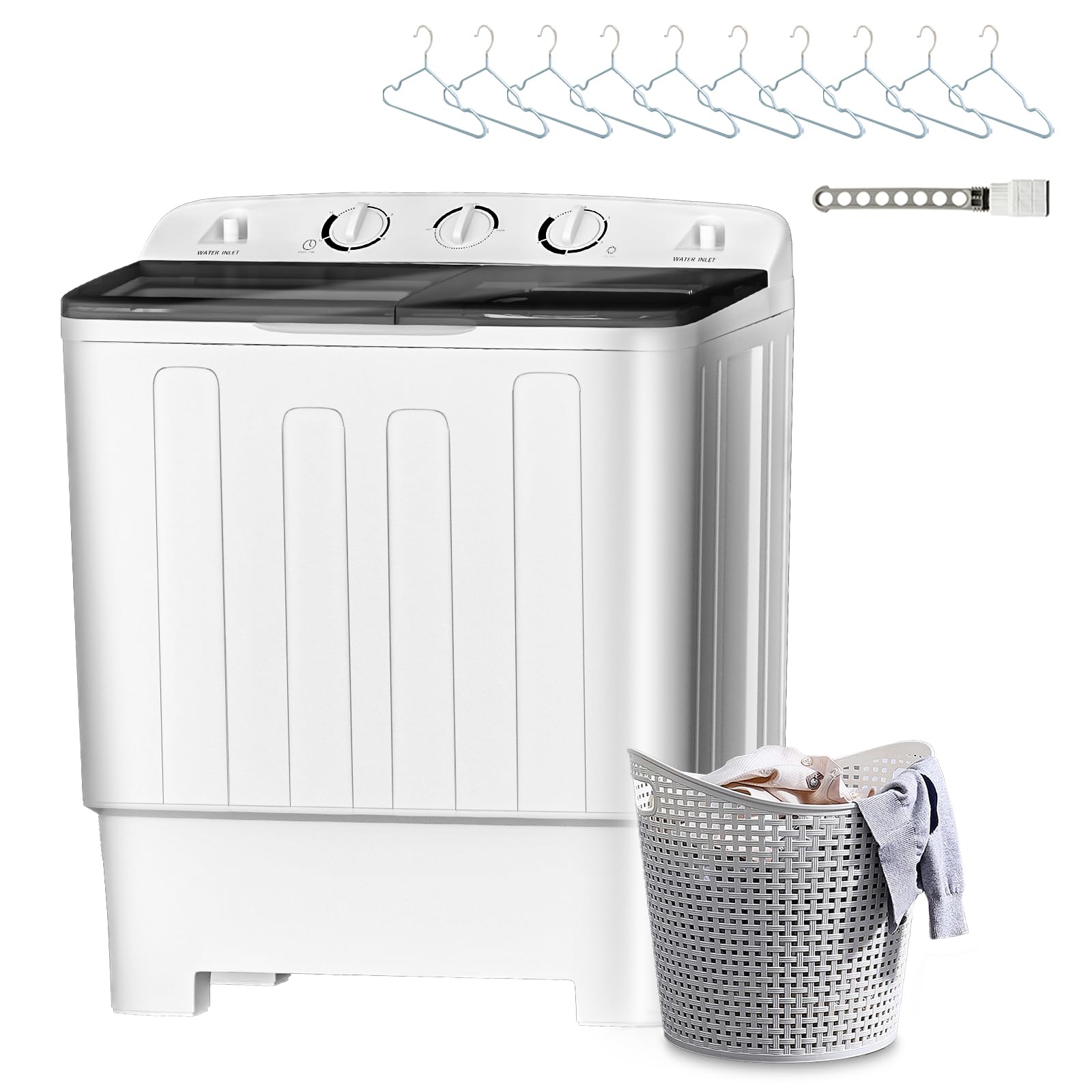 Portable Twin Tub 32lbs Washing Machine with Drying Rack & 10 Hangers - Compact 22lbs Washer & 10lbs Spinner - Semi-Automatic Laundry Combo for Small Spaces, Dorms, Apartments - Perfect for RV, Camping & Tight Living Areas