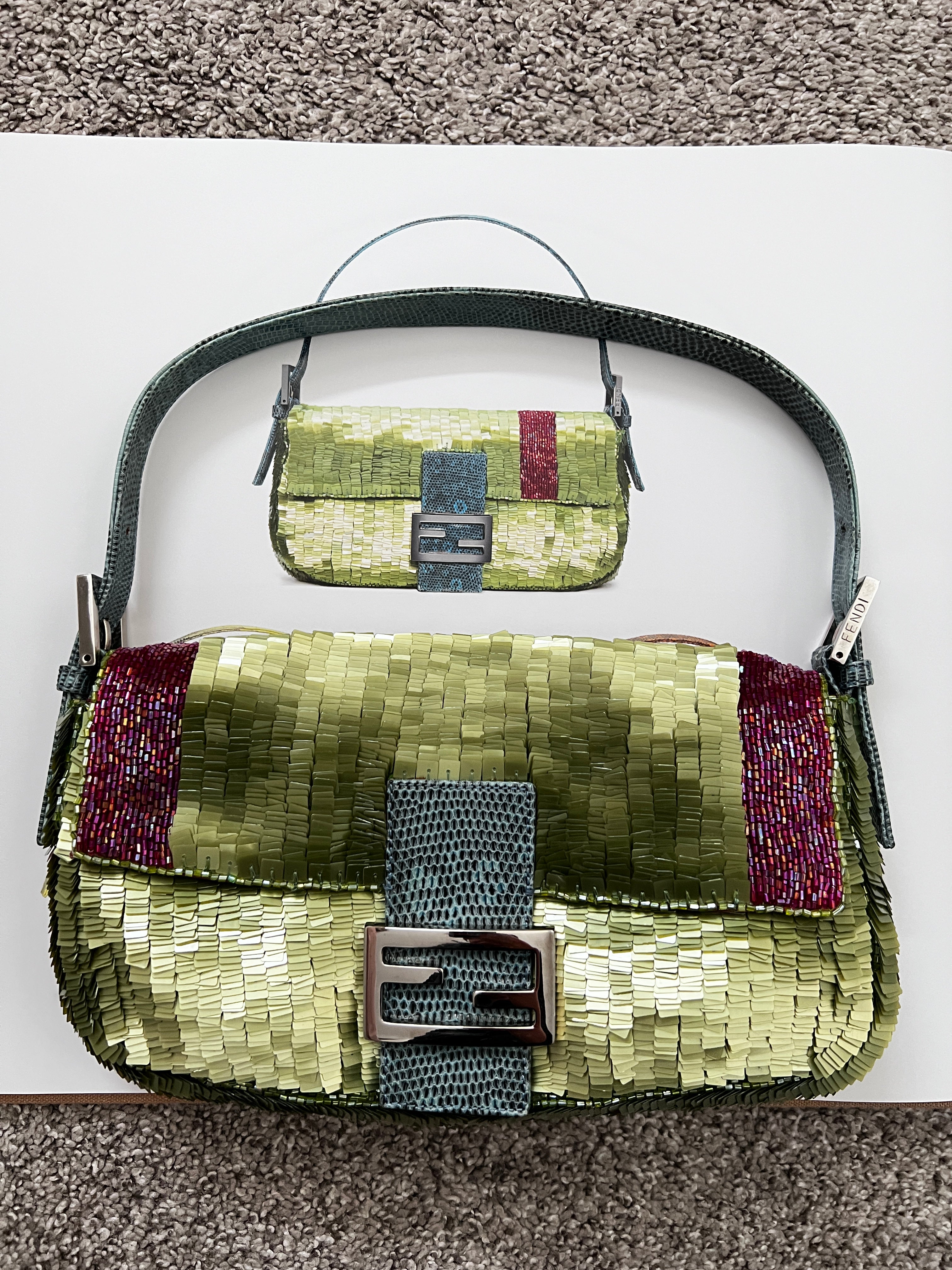 Vintage Fendi Green Sequin Bag with Red Stripes - Rare Designer Handbag for Women | Perfect for Evening Parties, Weddings & Special Occasions