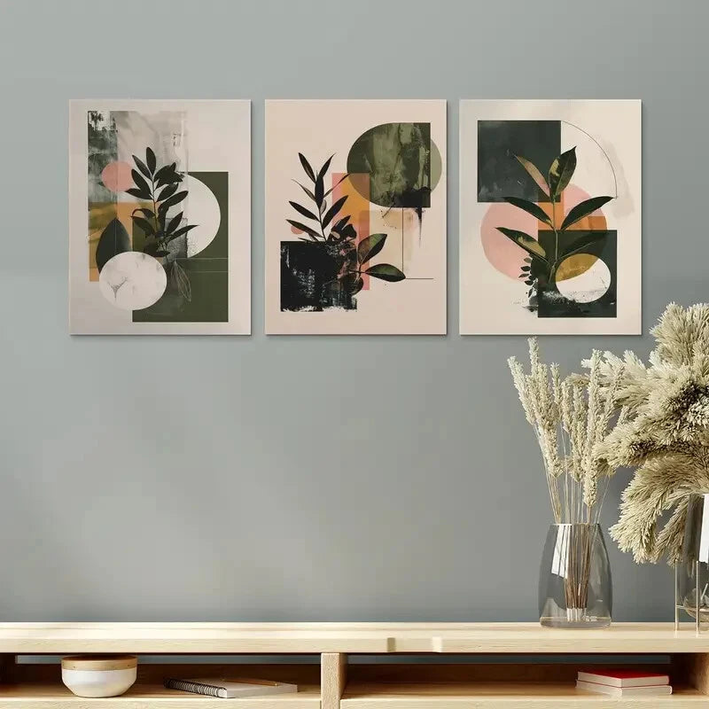 3-Piece Abstract Botanical Earth Tone Boho Metal Wall Art - Ready to Hang Prints for Living Room, Bedroom & Office Decor