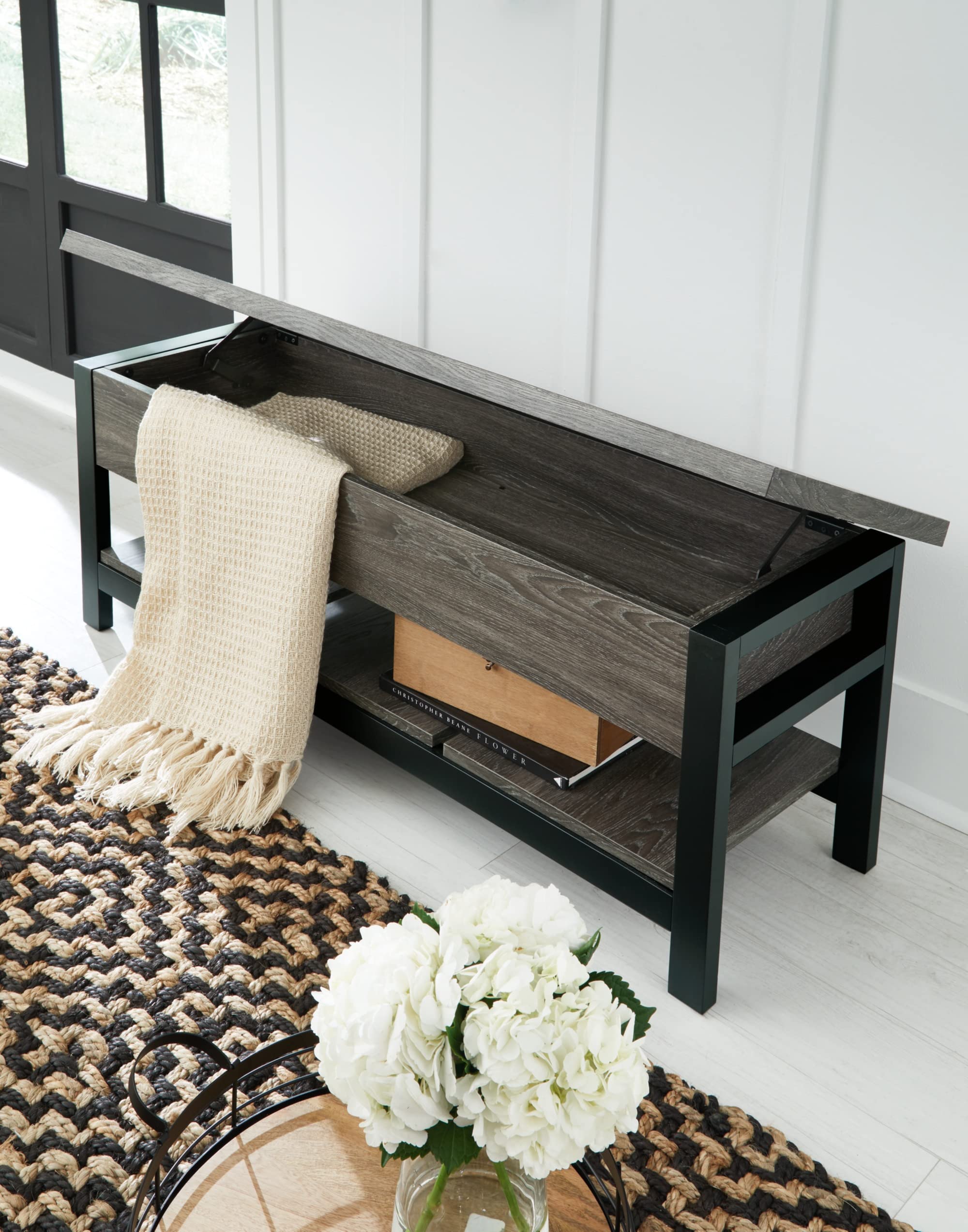 Signature Design by Ashley Rhyson Rustic Farmhouse Storage Bench - Brown Wooden Entryway Bench with Lift-Up Seat for Shoe Storage | Perfect for Mudroom, Living Room & Bedroom Organization