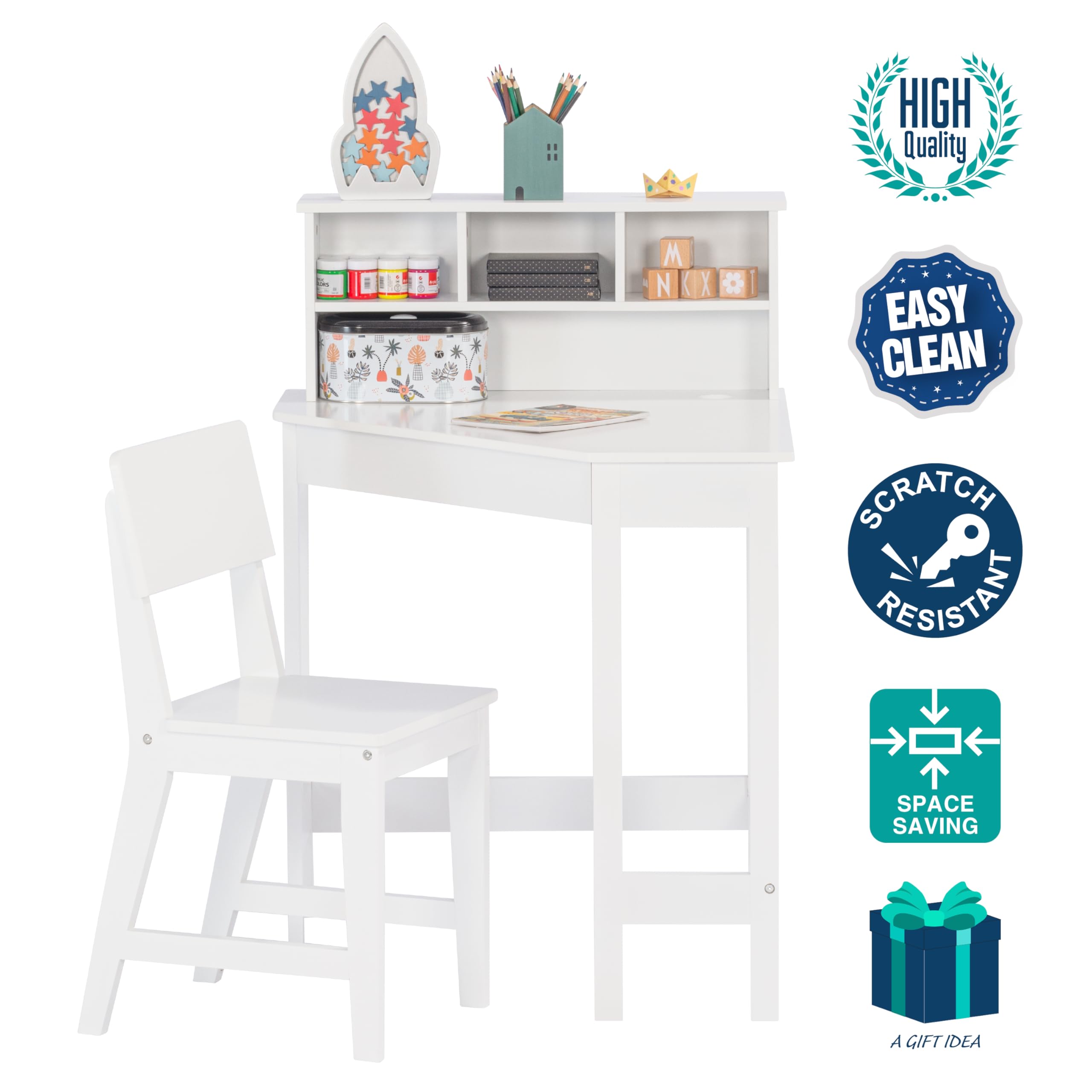 UTEX Kids Study Desk and Chair Set with Storage Hutch - White Corner Desk for Children's Room, Homeschooling & Learning Activities