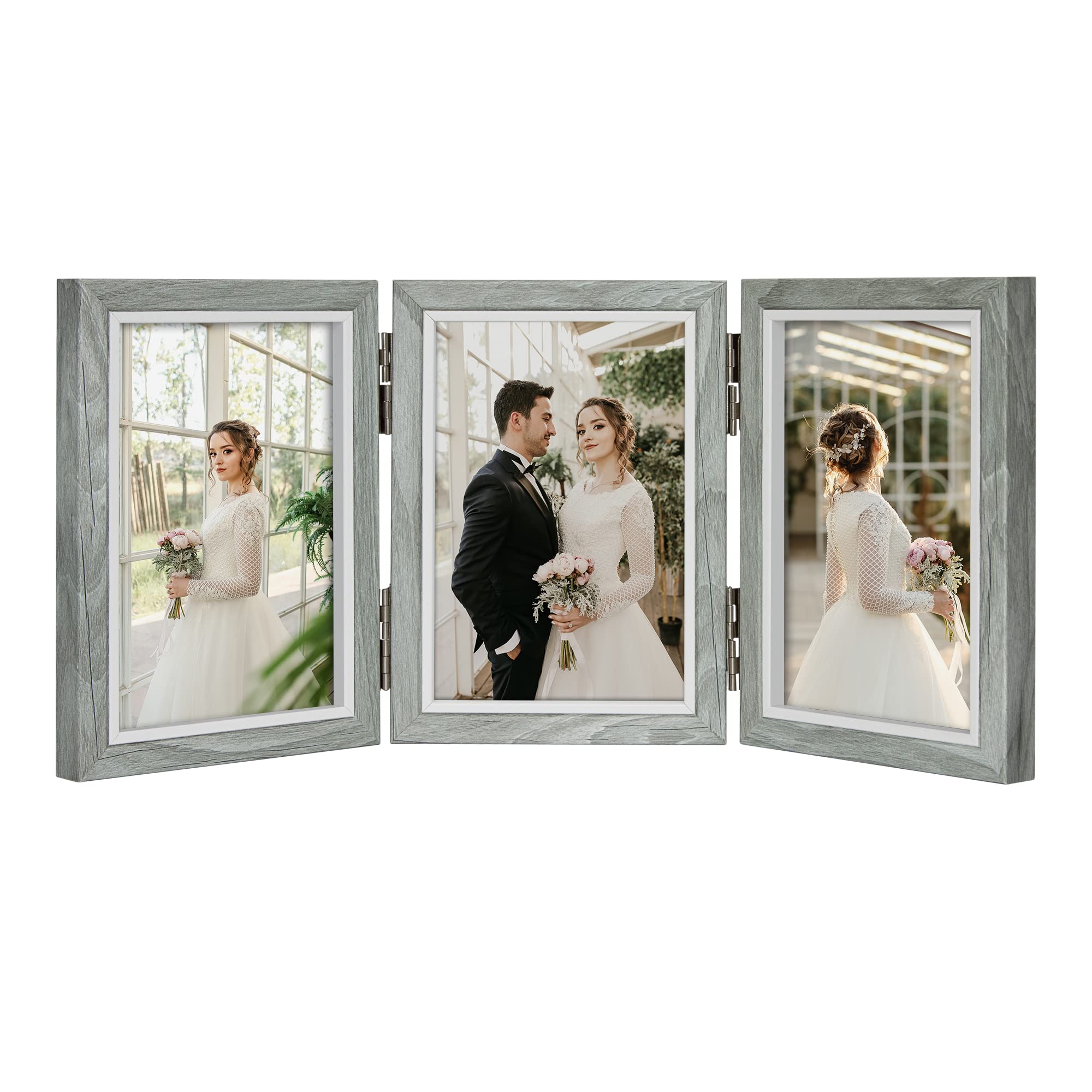 4x6 Picture Frame Collage Set of 3 - Real Glass Grey Wood Foldable Photo Frames for Wall & Tabletop Display - Perfect Gift for Family & Friends - Home Decor, Office, Living Room, Bedroom Display