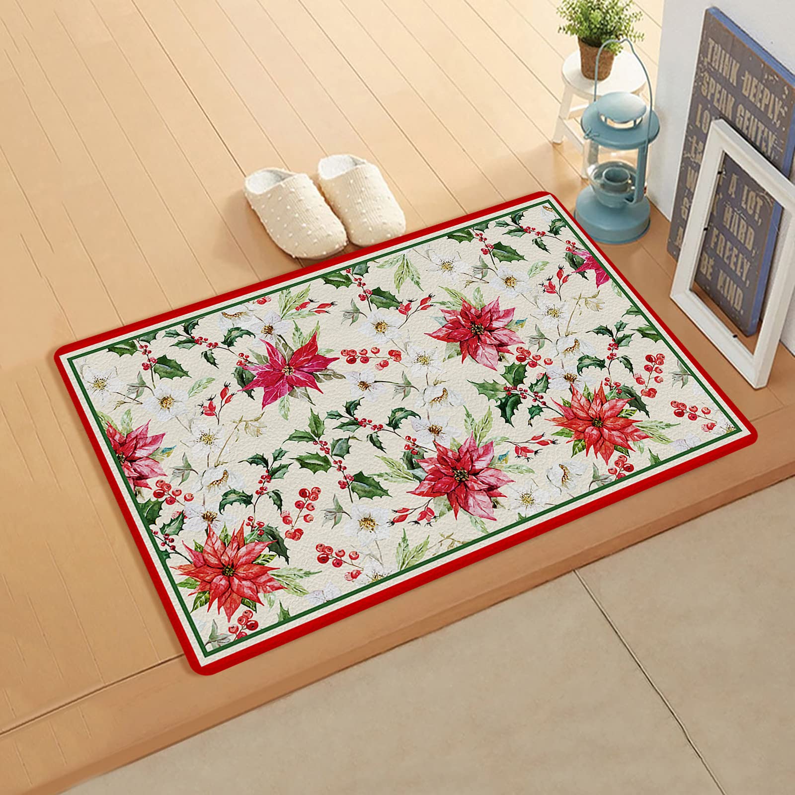 Christmas Welcome Front Door Mat - 24x36 Inch Non-Slip PVC Doormat with Red Poinsettia Flower & Holly Berry Design - Indoor/Outdoor Holiday Rug for Entryway, Kitchen, Porch - Dirt & Mud Trapping Floor Mat for Winter Decor