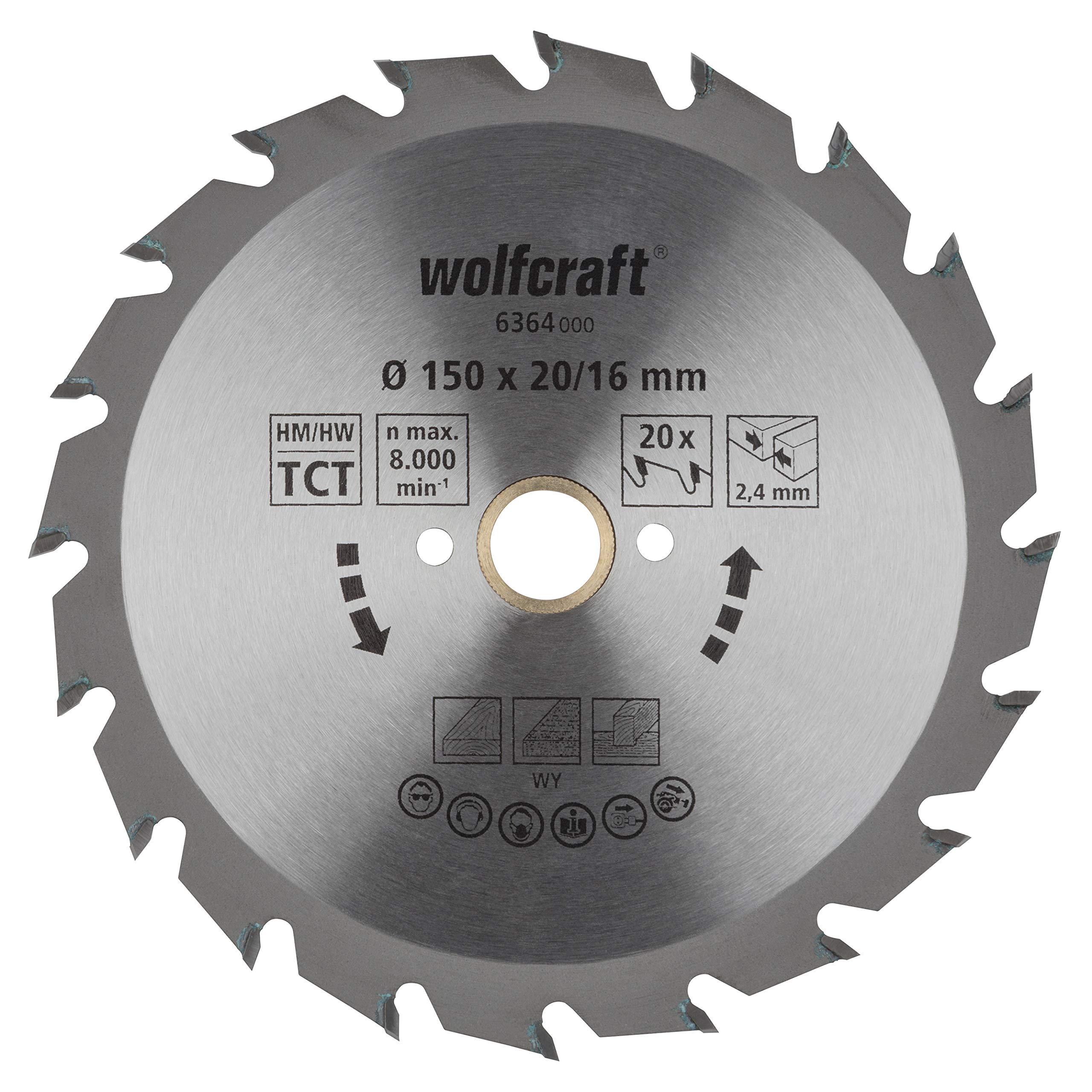 Wolfcraft 6364000 150x20x2.4mm CT Circular Saw Blade - 20 Teeth Green Series for Woodworking & DIY Projects