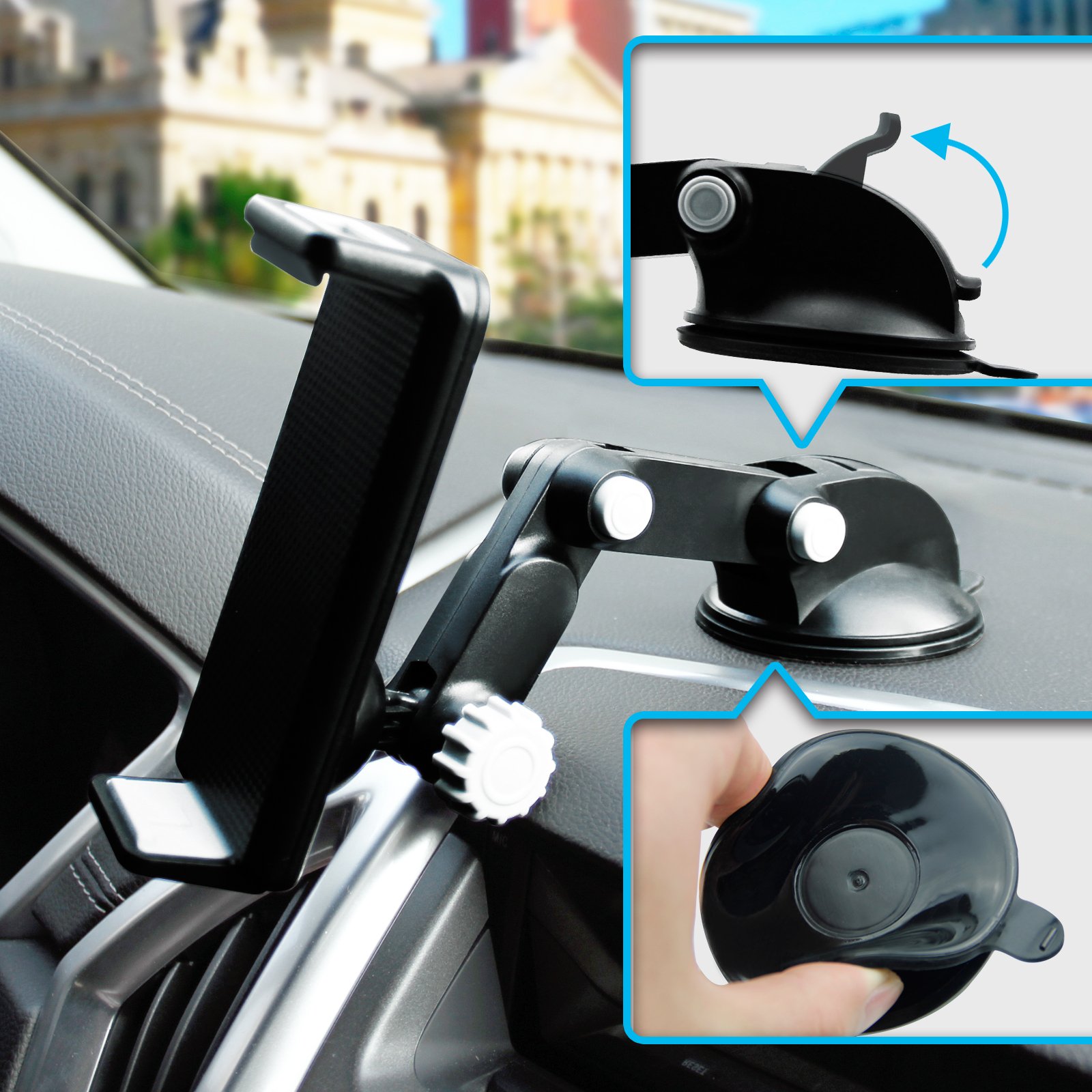 Universal Car Tablet Mount Holder for iPad, iPhone & Android Devices - Windshield & Dashboard Adjustable Stand - Perfect for GPS Navigation, Hands-Free Calls & In-Car Entertainment