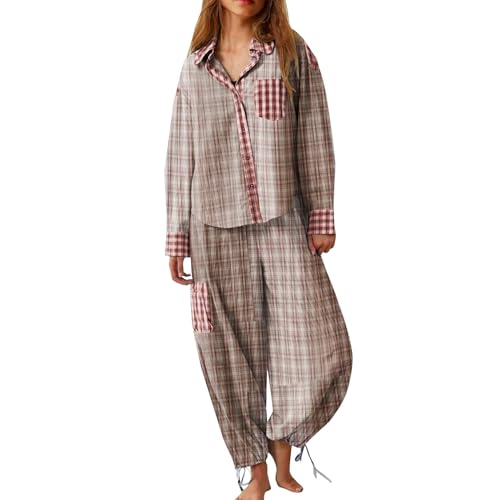Women's Floral Lounge Set - Long Sleeve Button Down Shirt & Wide Leg Palazzo Pants Outfit - Matching Pajama Set for Home, Travel & Relaxation