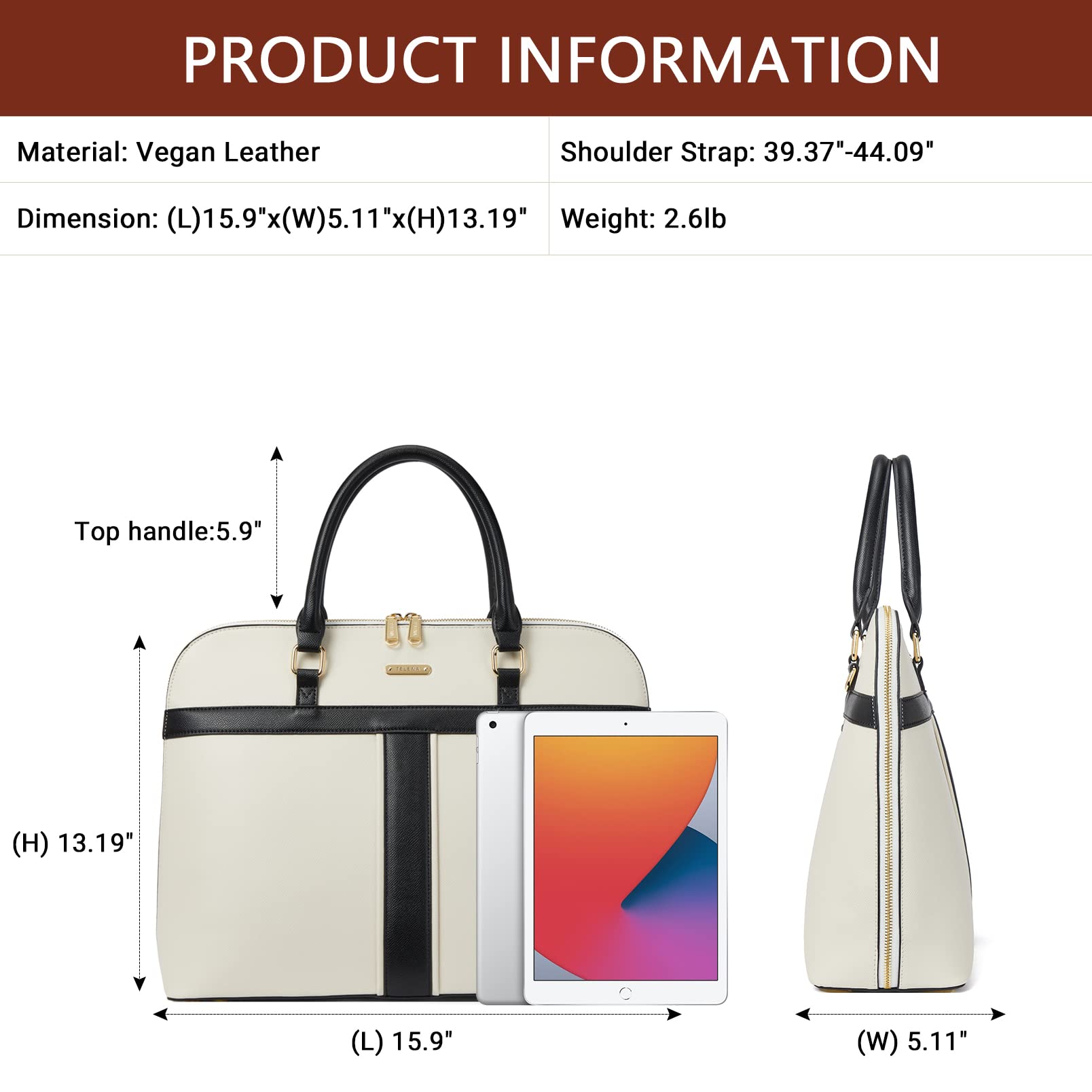Telena 15.6 Inch Leather Laptop Tote Bag for Women - Stylish Shoulder Briefcase with Large Capacity - Perfect for Work, Business Travel & Daily Commute