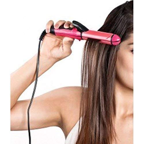 2 in 1 Hair Straightener & Curler for Women - Professional Flat Iron & Curling Wand Set with Adjustable Temperature (Pink) - Perfect for Home Use, Travel & Salon Styling