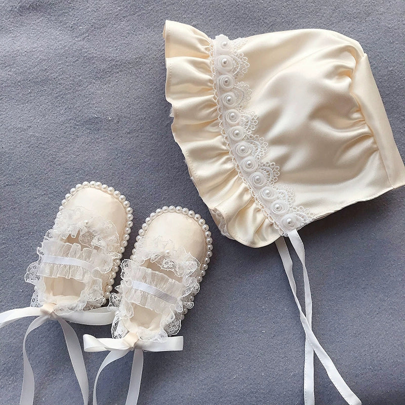 Baby Princess Hat & Toddler Lace Pearl Soft-Soled Shoes Set for Newborn Photoshoot, Christening, and Special Occasions