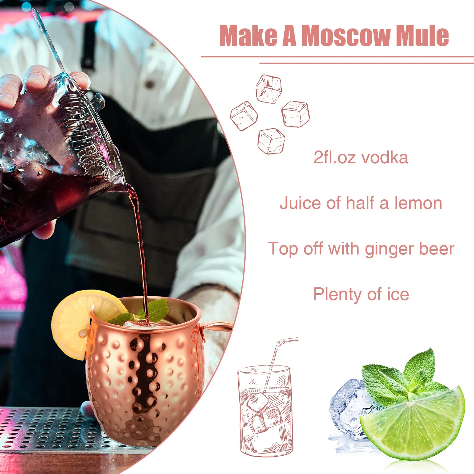 24-Piece Moscow Mule Mug Set - 12oz Rose Gold Stainless Steel Copper Plated Cups with Hammered Finish, Tarnish Resistant for Cocktails, Iced Coffee & Wedding Gifts - Perfect for Home Bars, Parties & Holiday Entertaining