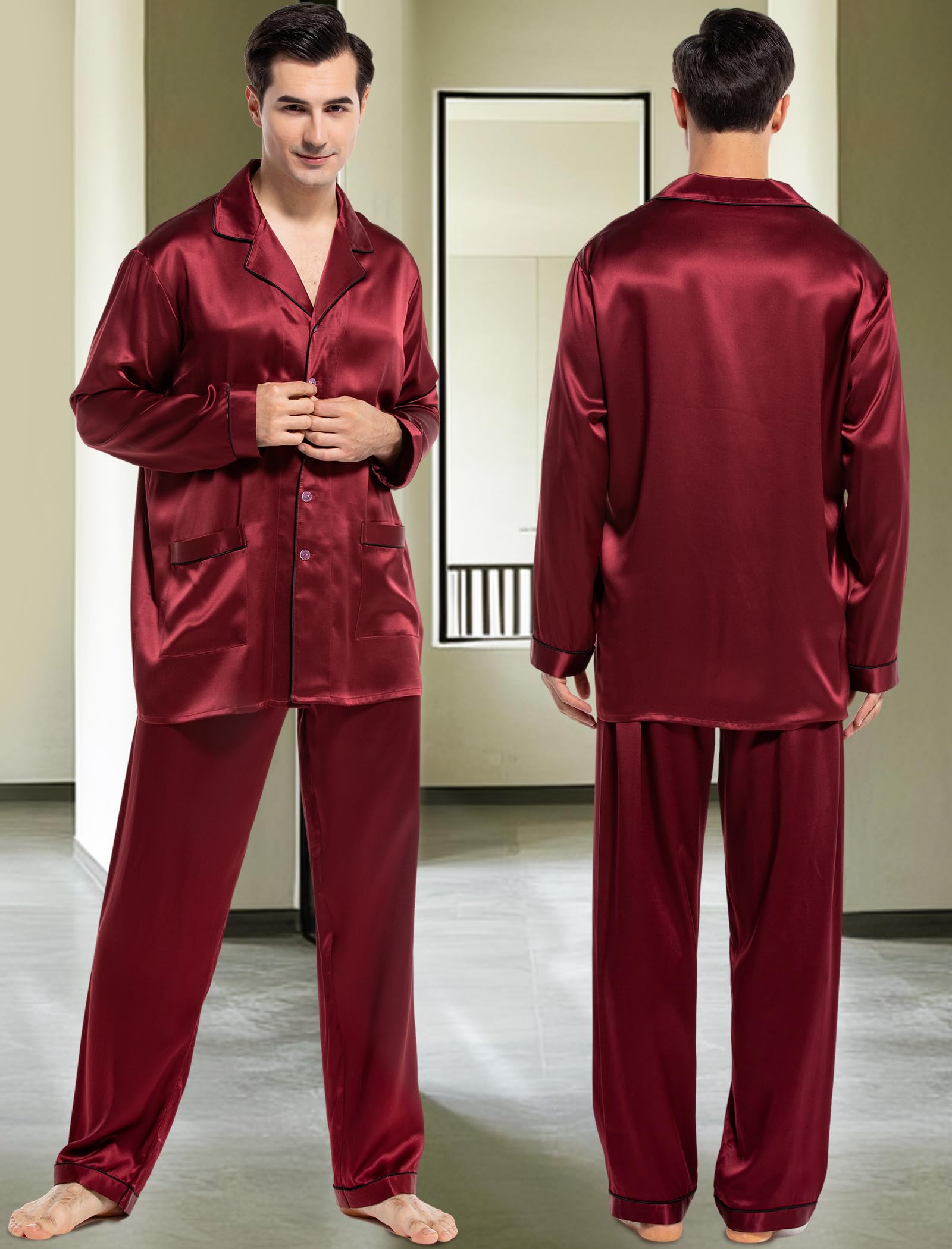 Luxury Men's Silk Pajama Set - 2PC Long Sleeve Button Down Sleepwear for Men | Soft & Breathable Silk PJs for Comfortable Sleep, Lounging & Relaxation at Home