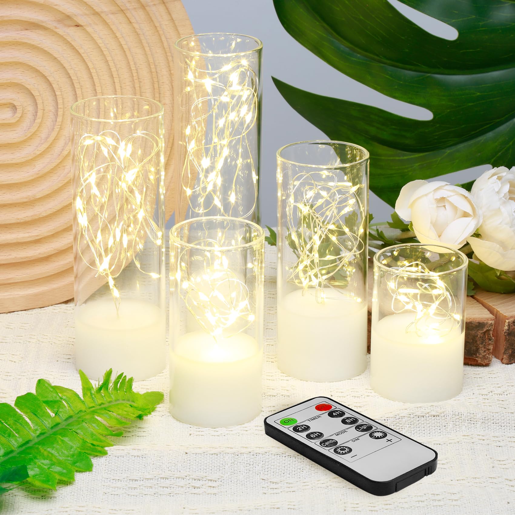 Eywamage Slim Clear Glass Flameless LED Candles with Remote - Battery Operated Flickering Electric Candles (2