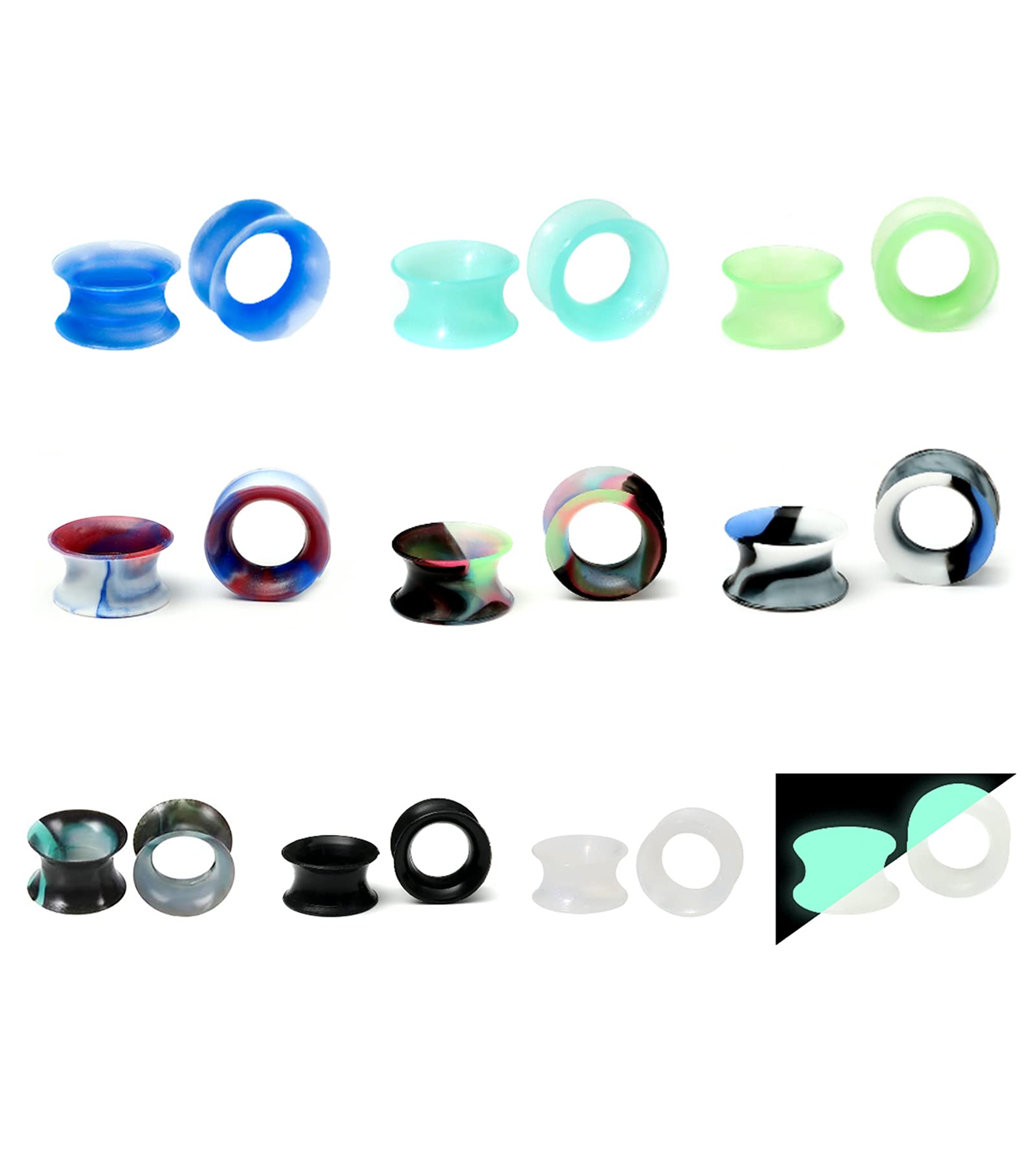12pcs Double Flared Hollow Silicone Ear Tunnels Plugs Piercing Set - 8g to 40mm Sizes for Stretching & Body Jewelry - Perfect for Gauges, Tapers & Alternative Fashion Styles