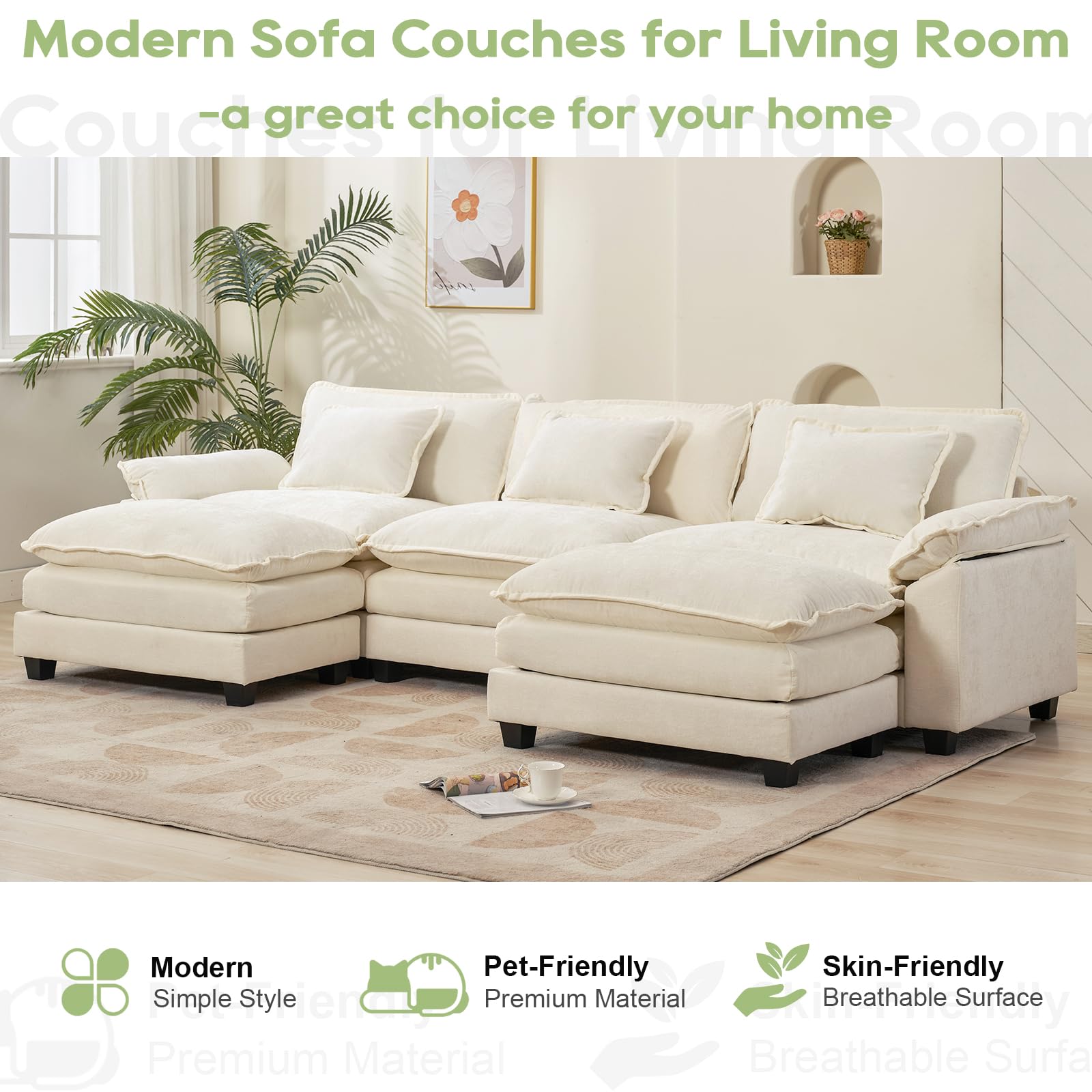 Modular Sectional Sofa with Ottoman - U-Shaped Cloud Couch in Soft Chenille Fabric, Deep Seat Sleeper Sofa with Throw Pillows (Beige White, 120